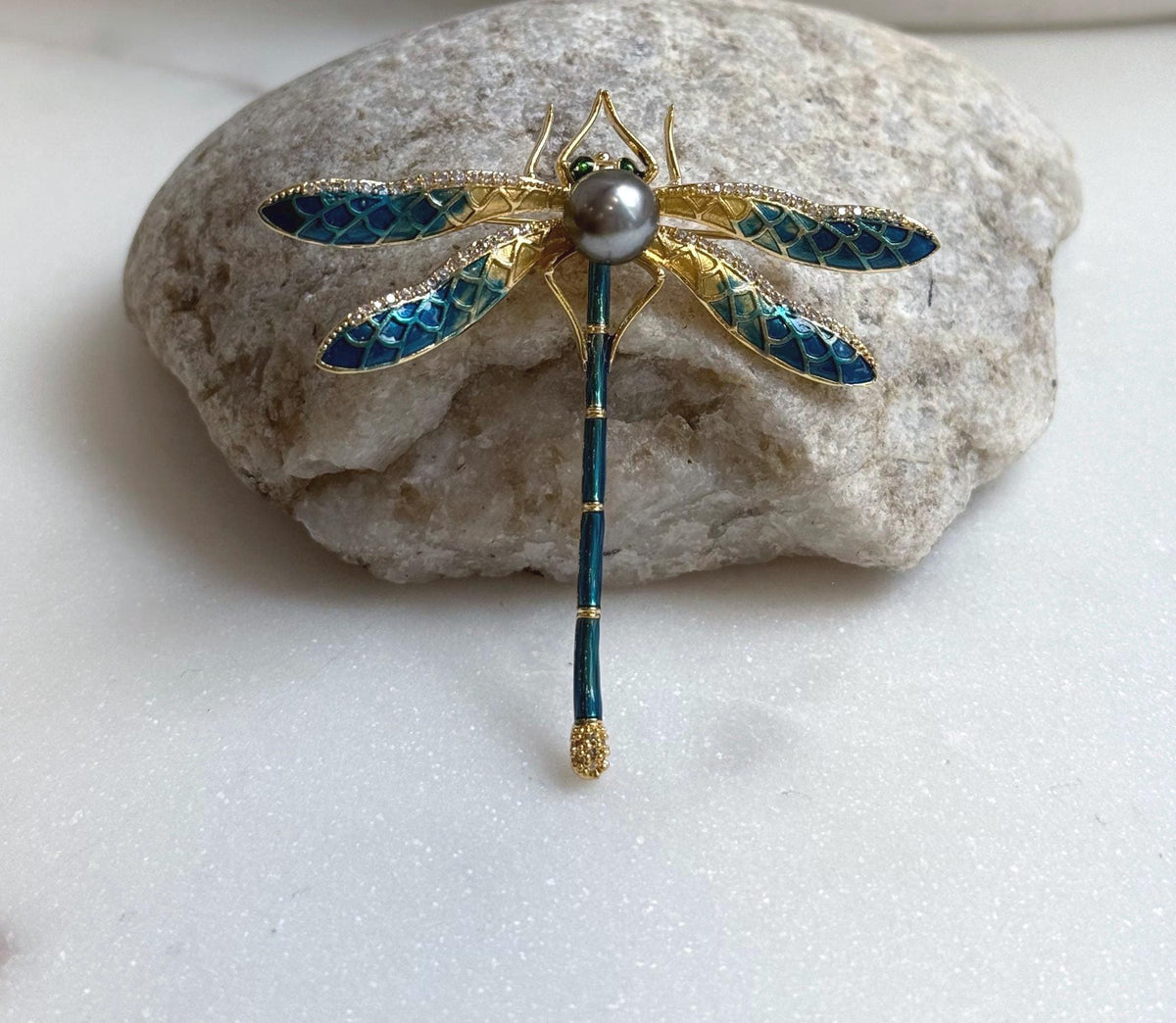 Elly’s 8.5mm Tahitian platinum Ocean Dragonfly Brooch Pendant 2in1: Extreme Luster mirrored, 6x7.5cm, daily black cool brooch