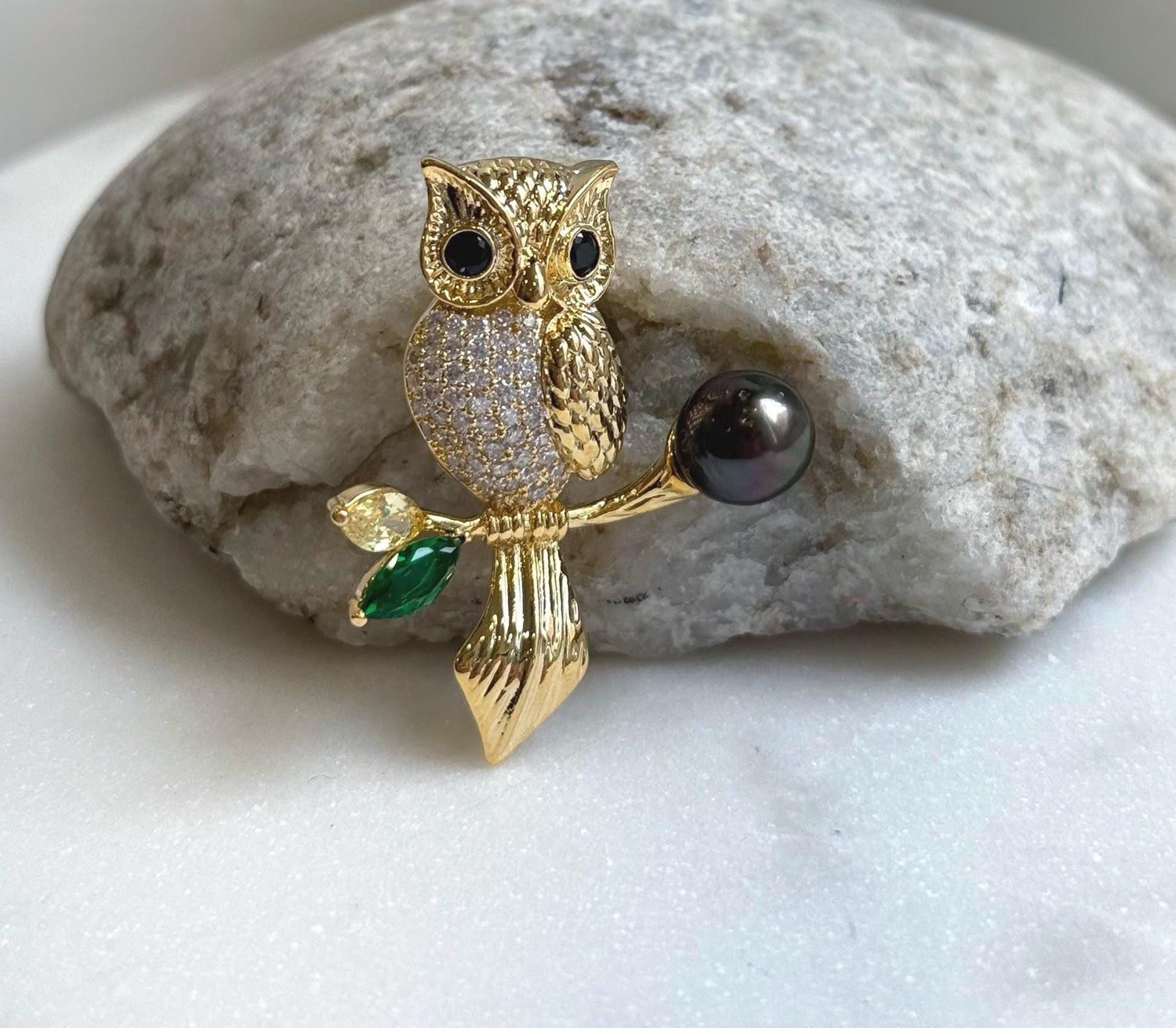 Elly’s 8.8mm Tahitian chocolate hunter Ocean Owl Brooch Pendant 2in1: Extreme Luster mirrored, 3.2x4.2cm, daily office cool brooch