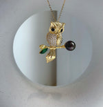 Elly’s 8.8mm Tahitian chocolate hunter Ocean Owl Brooch Pendant 2in1: Extreme Luster mirrored, 3.2x4.2cm, daily office cool brooch