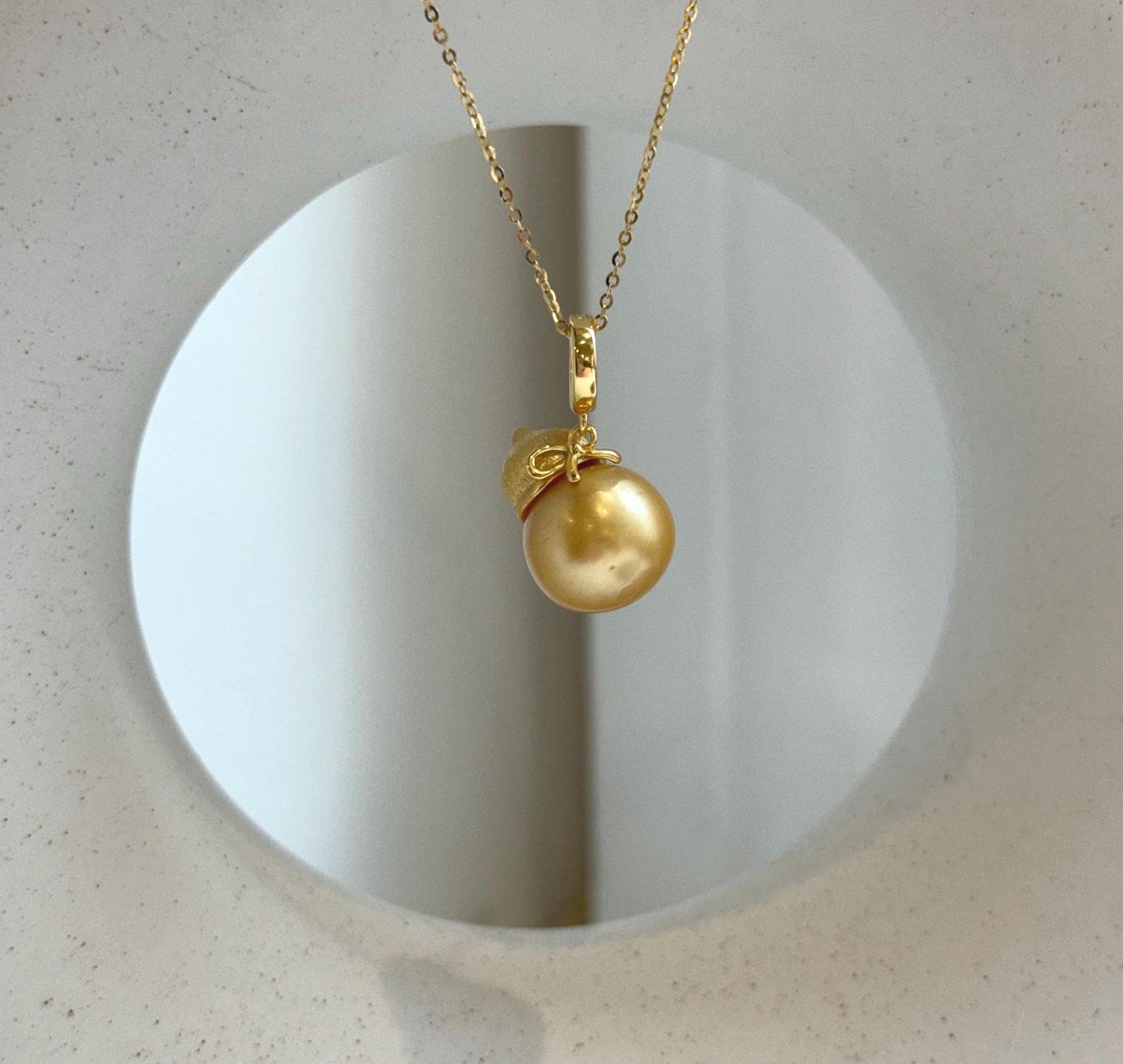 Elly’s 12.8mm South Sea Golden ocean Pearl Gourd pendant: Strong luster, 1.8cm high, S925 silver chain set. gift for her