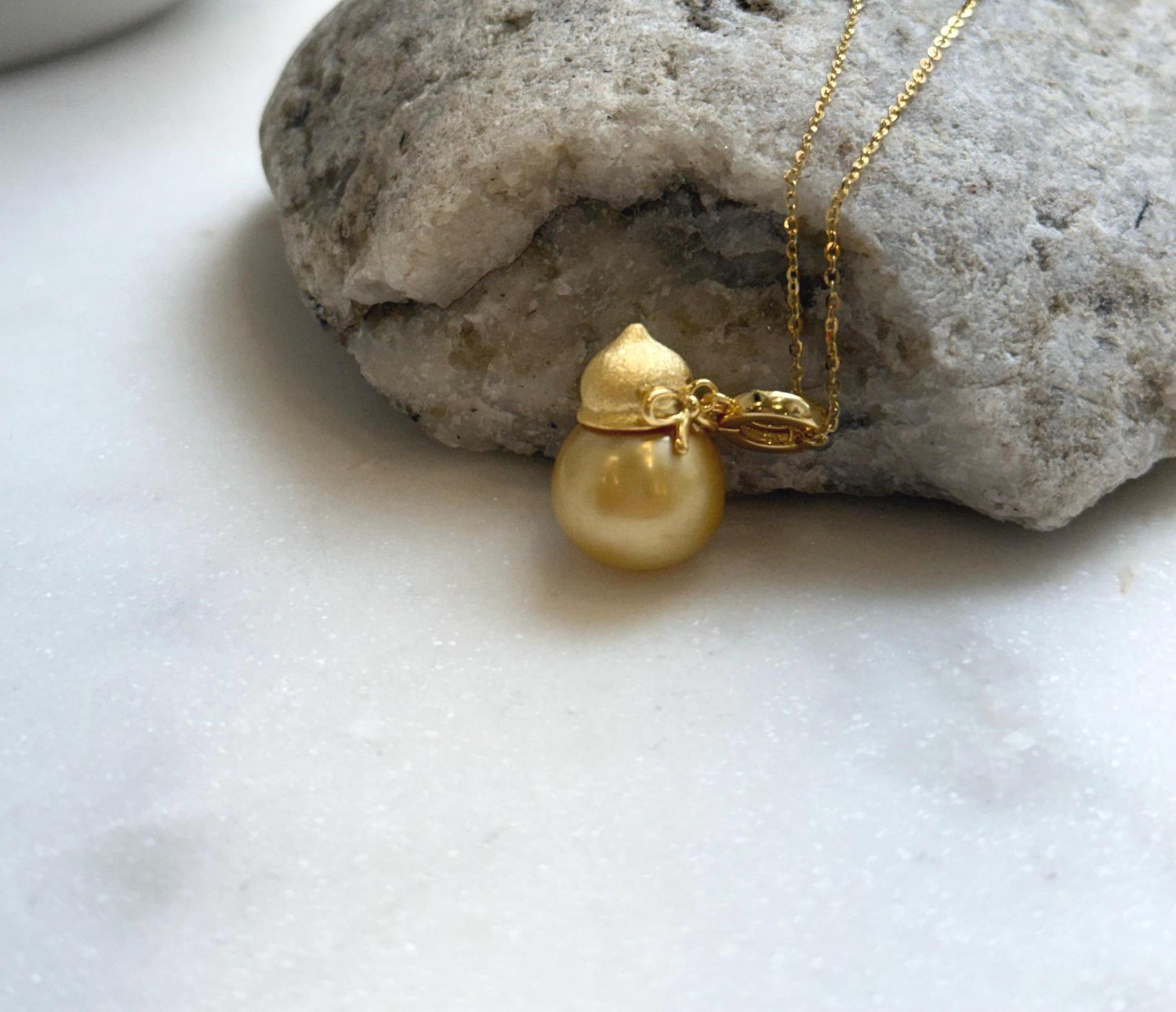 Elly’s 12.8mm South Sea Golden ocean Pearl Gourd pendant: Strong luster, 1.8cm high, S925 silver chain set. gift for her birthday