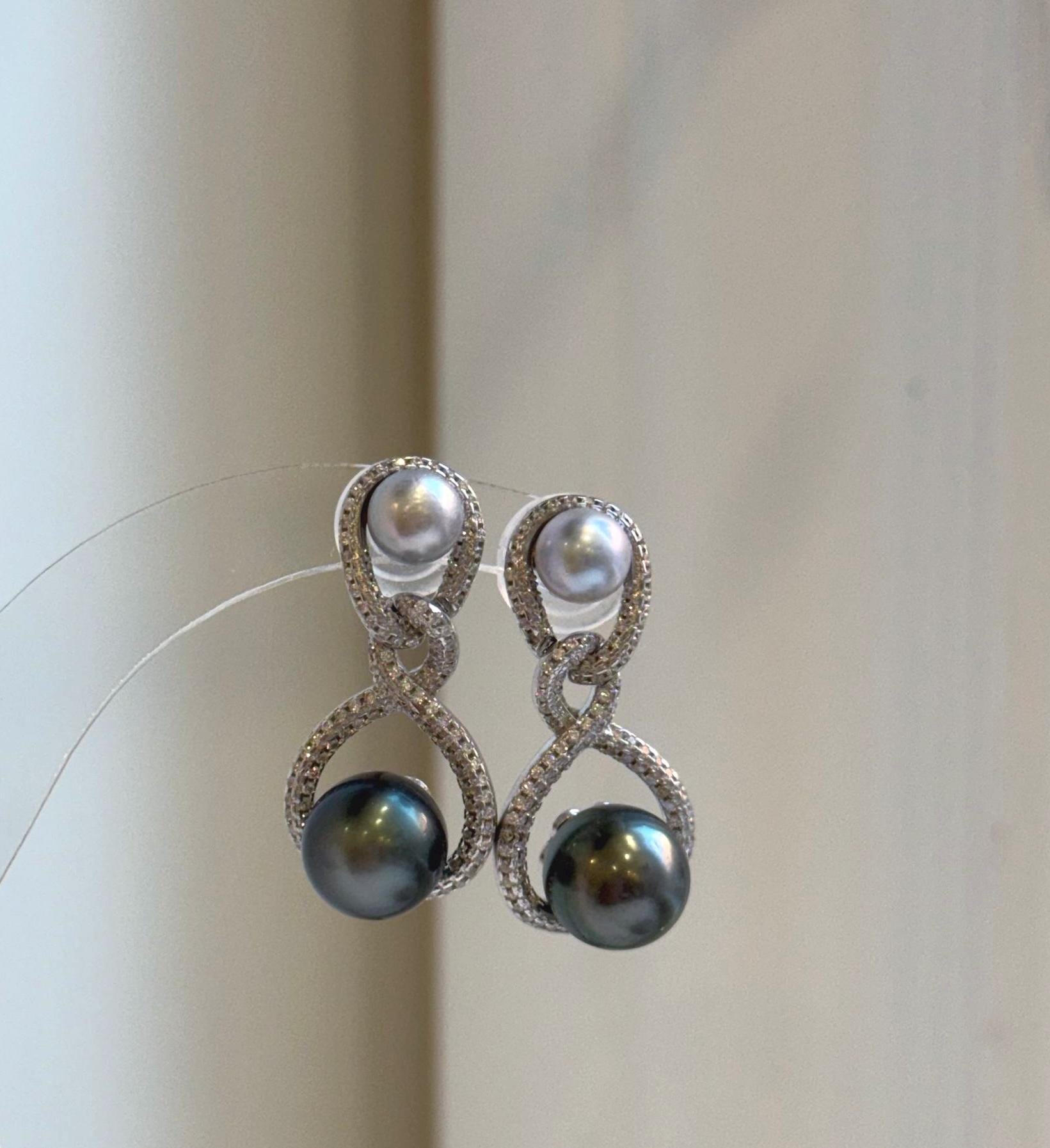 Elly’s 6.5-9.9mm Tahitian Akoya ocean Pearls Earrings Chandeliers: Extreme luster Mirrored,S925 silver cool earrings. gift for her