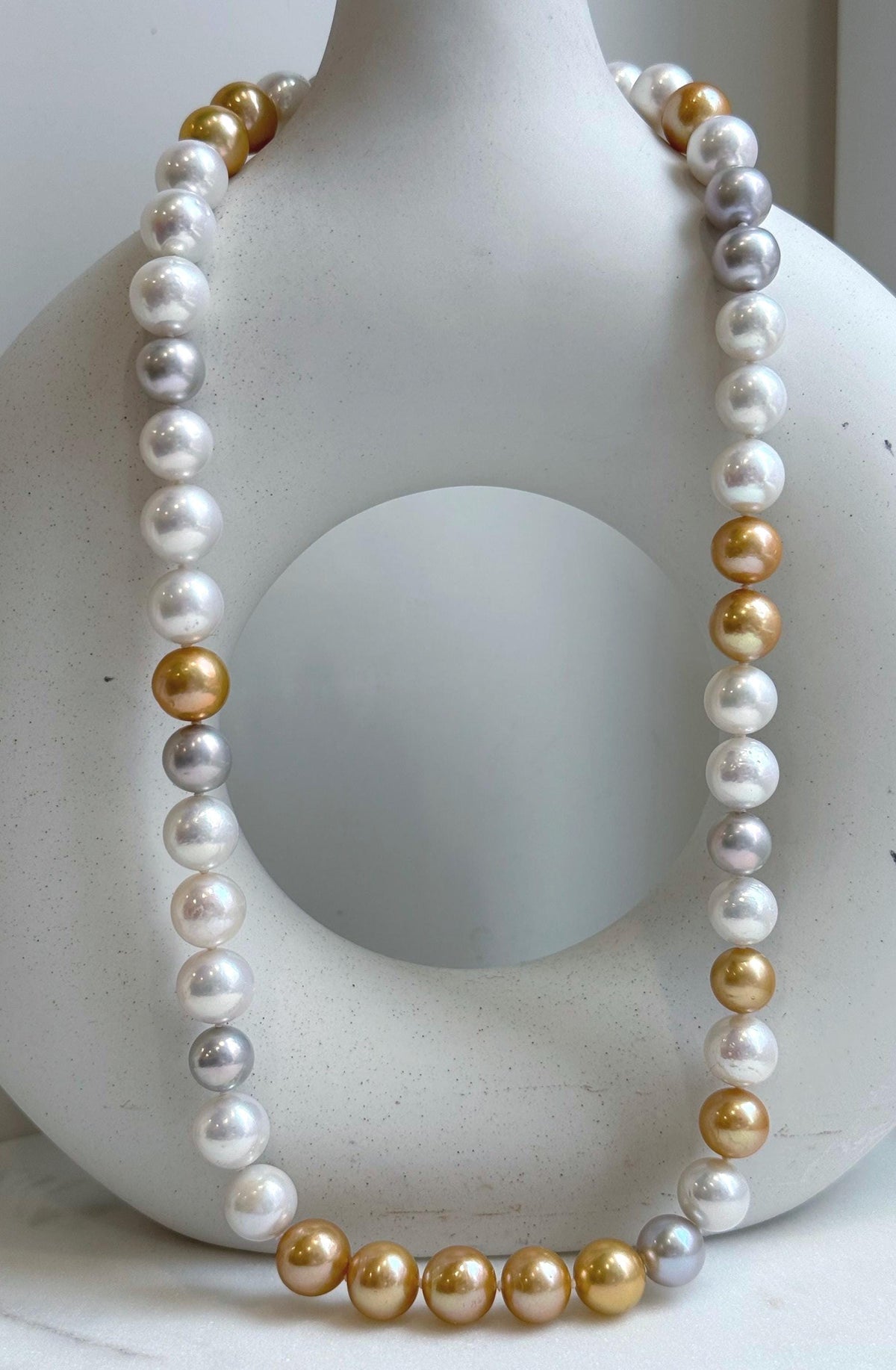 46pcs 9.5-11.5mm White Golden Silver Edison Round Pearls Necklace: Extreme luster mirrored, hand knotted, 20.1” S925 silver necklace. gift for her birthday jewelry