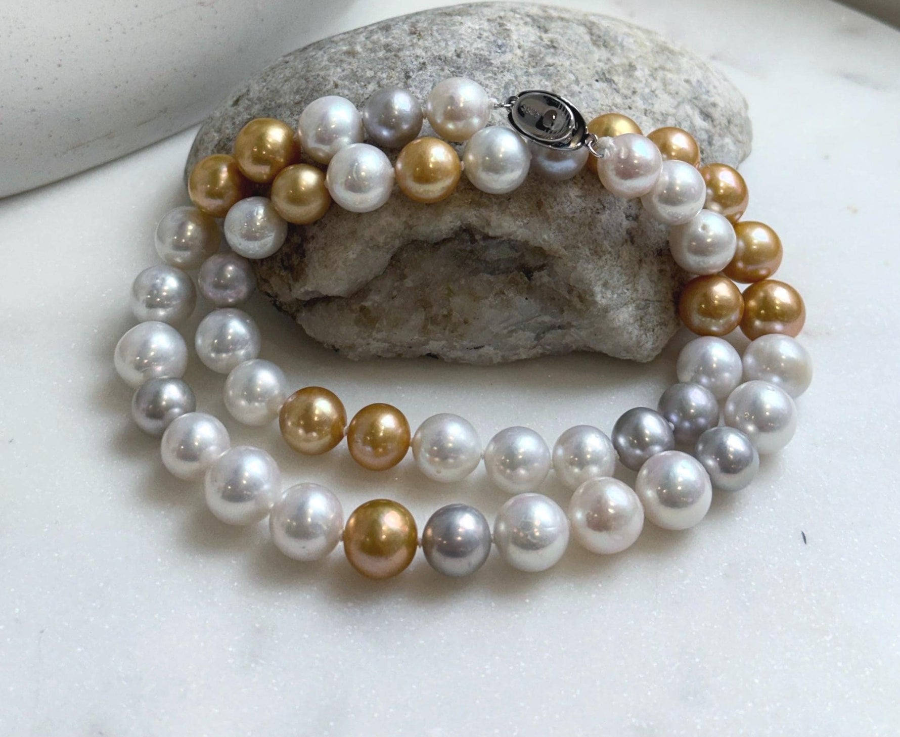 46pcs 9.5-11.5mm White Golden Silver Edison Round Pearls Necklace: Extreme luster mirrored, hand knotted, 20.1” S925 silver necklace. gift for her