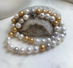 46pcs 9.5-11.5mm White Golden Silver Edison Round Pearls Necklace: Extreme luster mirrored, hand knotted, 20.1” S925 silver necklace. gift for her