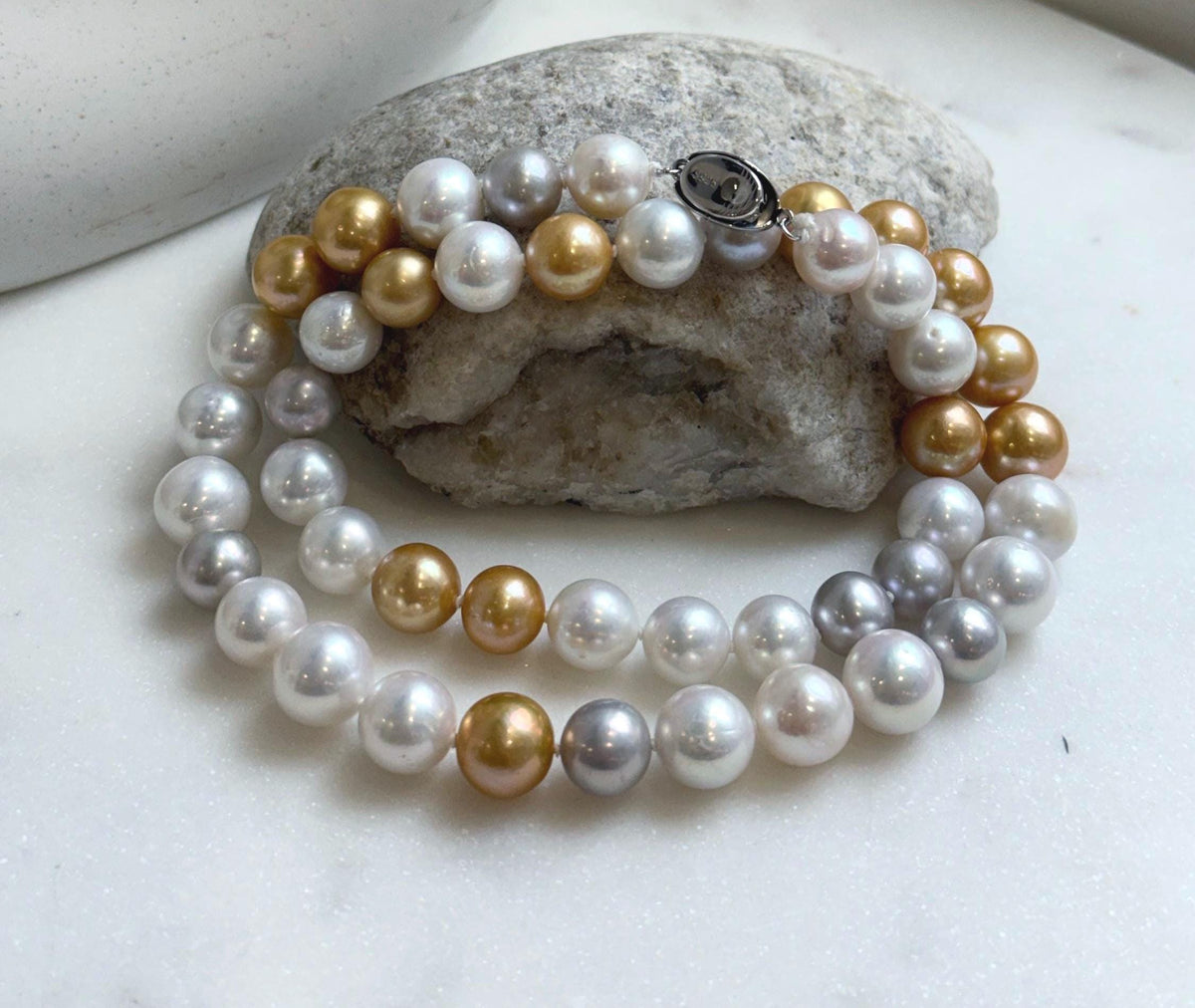 46pcs 9.5-11.5mm White Golden Silver Edison Round Pearls Necklace: Extreme luster mirrored, hand knotted, 20.1” S925 silver necklace. gift for her