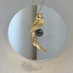 Elly’s Tahitian peacock hunter Ocean Pearl Bird Brooch pendant 2in1: Extreme luster mirrored, 9.1mm, 1.7x5cm, gift for her anniversary