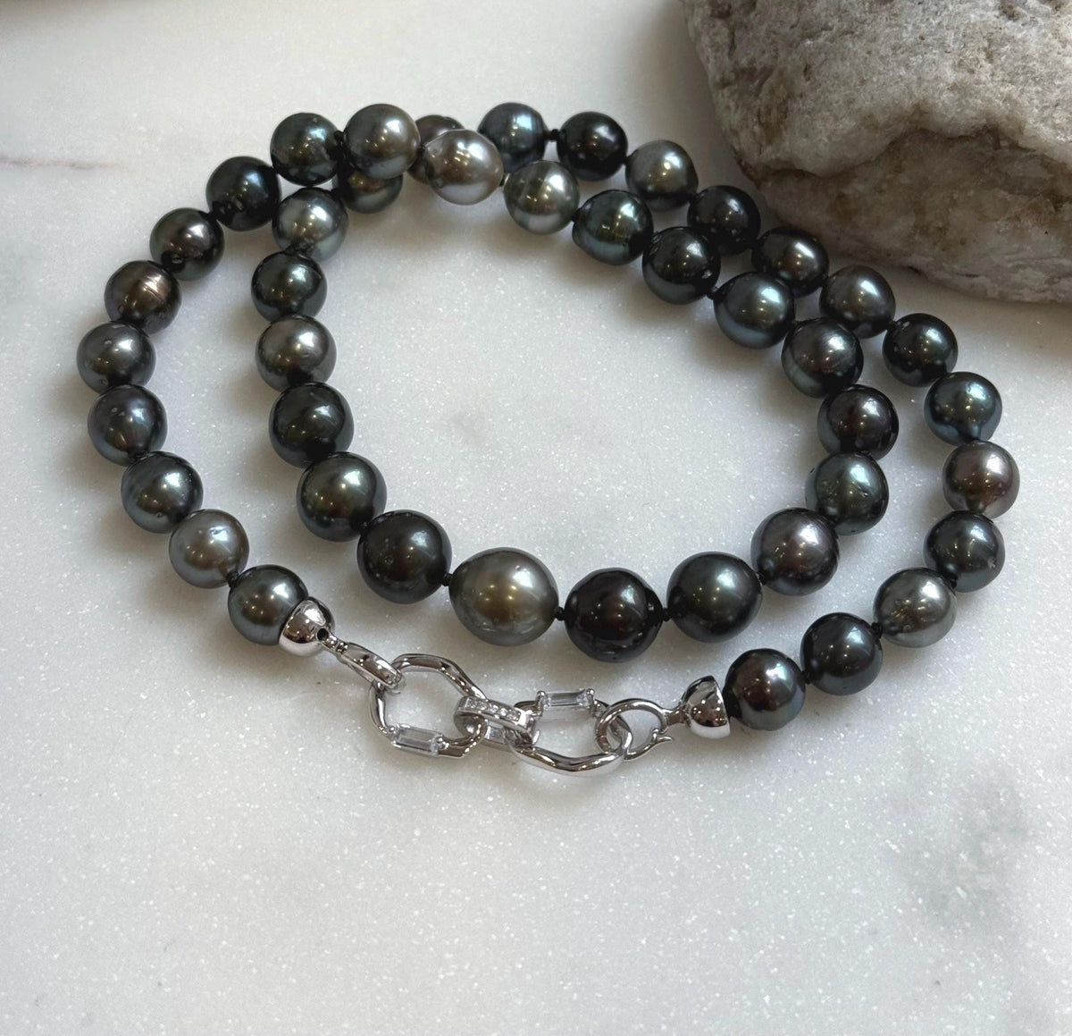 Elly’s 43pcs 8.9-11.1mm Tahitian Multicolor Ocean Pearls Necklace: extreme luster mirrored, knotted 20.5”, S925 silver necklace.gift for her