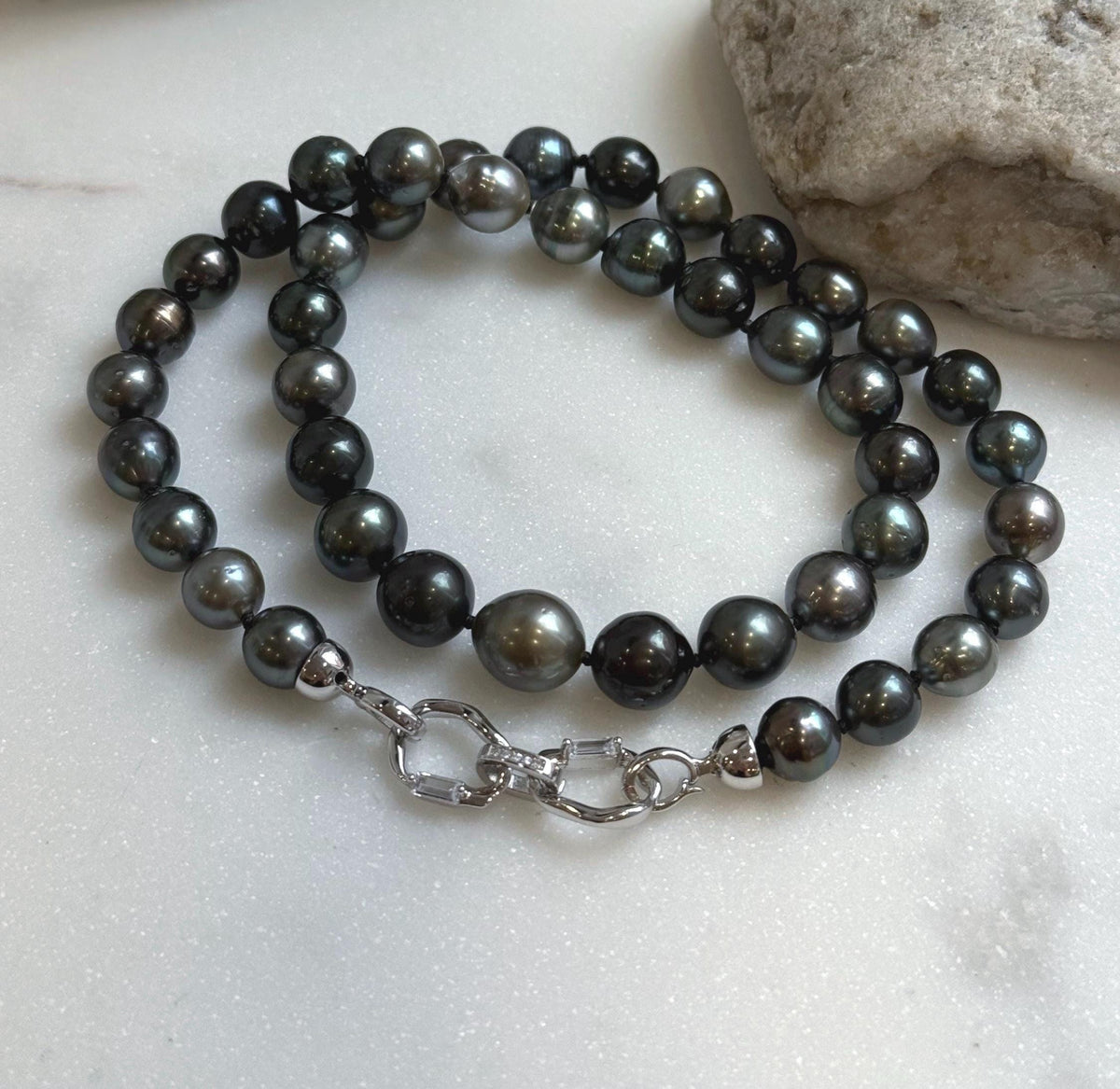 Elly’s 43pcs 8.9-11.1mm Tahitian Multicolor Ocean Pearls Necklace: extreme luster mirrored, knotted 20.5”, S925 silver necklace.gift for her
