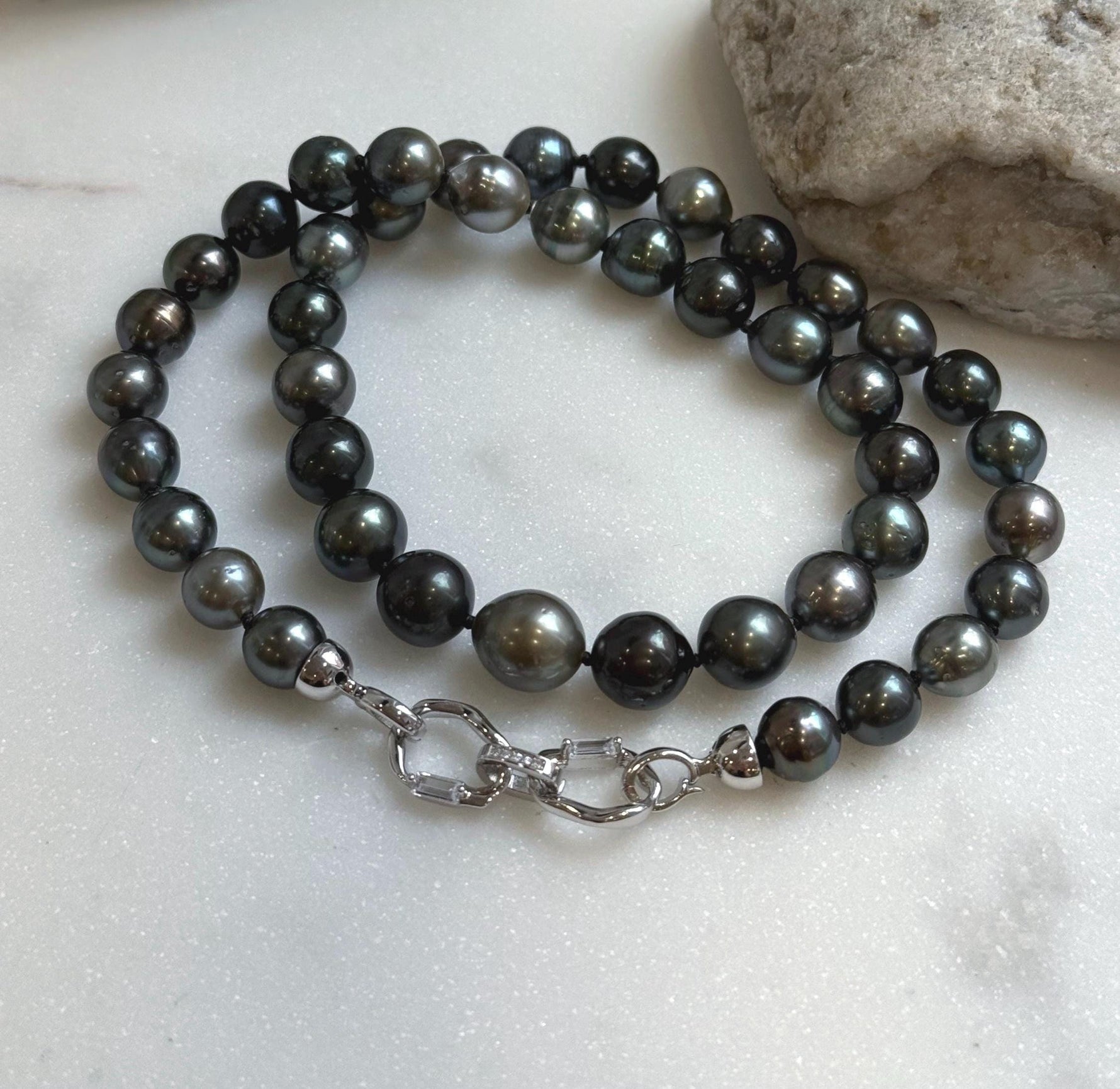 Elly’s 43pcs 8.9-11.1mm Tahitian Multicolor Ocean Pearls Necklace: extreme luster mirrored, knotted 20.5”, S925 silver necklace.gift for her