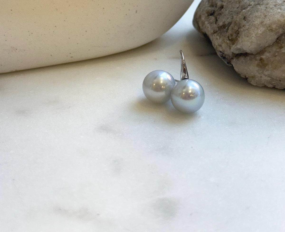 Elly’s 11.5mm Edison blue silver Pearls High heel Earrings Hooks: Extreme luster Mirrored, 2cm high, S925 silver earrings. gift for her