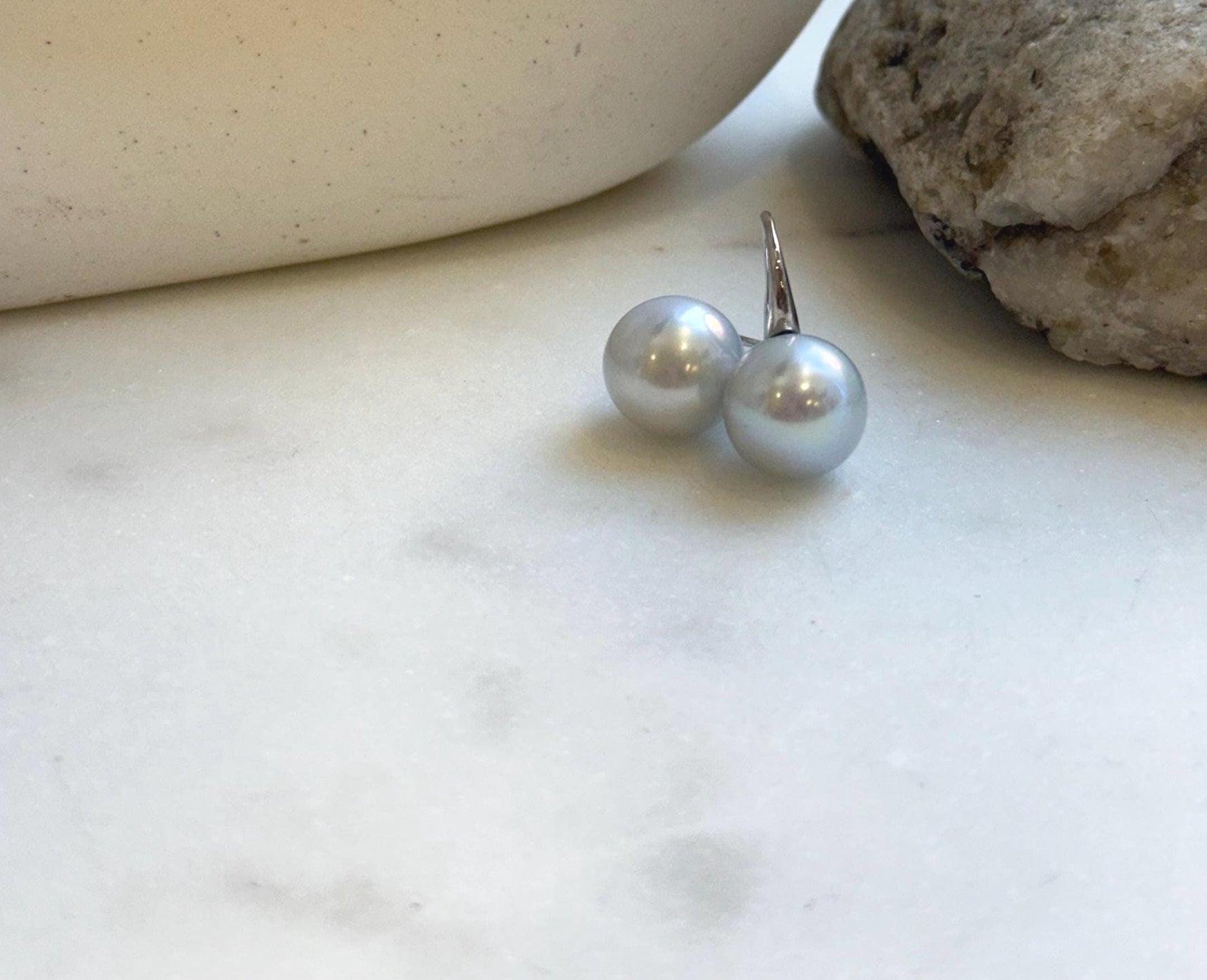 Elly’s 11.5mm Edison blue silver Pearls High heel Earrings Hooks: Extreme luster Mirrored, 2cm high, S925 silver earrings. gift for her