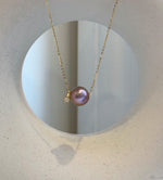 Elly’s Au750 18k Gold 11.9mm Edison metallic rose Pearl Floating pendant:Extreme luster mirrored, S925 silver chain with little drop. gift for her