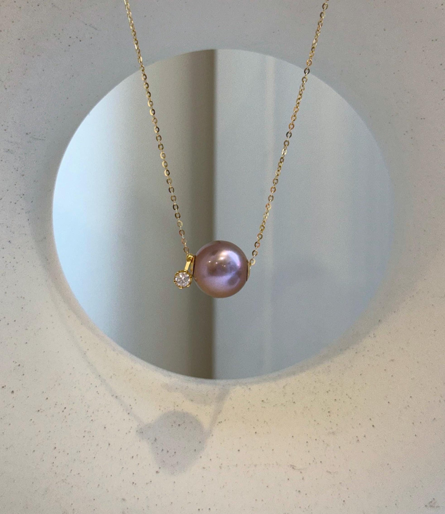 Elly’s Au750 18k Gold 11.9mm Edison metallic rose Pearl Floating pendant:Extreme luster mirrored, S925 silver chain with little drop. gift for her