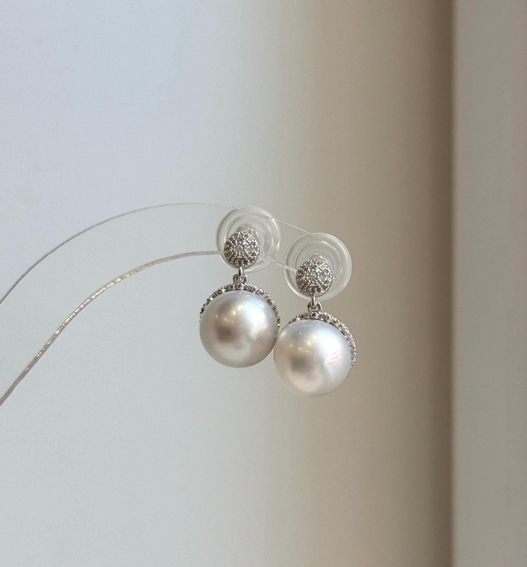 Elly’s 10.6mm Australian white Pearls Vintage earrings: Extreme luster mirrored, s925 silver earrings. daily office pearls earrings for her