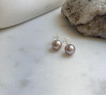 Elly’s 9mm Edison Pearls Earrings: Extreme luster Mirrored, Metallic pink rose color, S925 silver cool minimalist earrings studs. daily pearls earrings