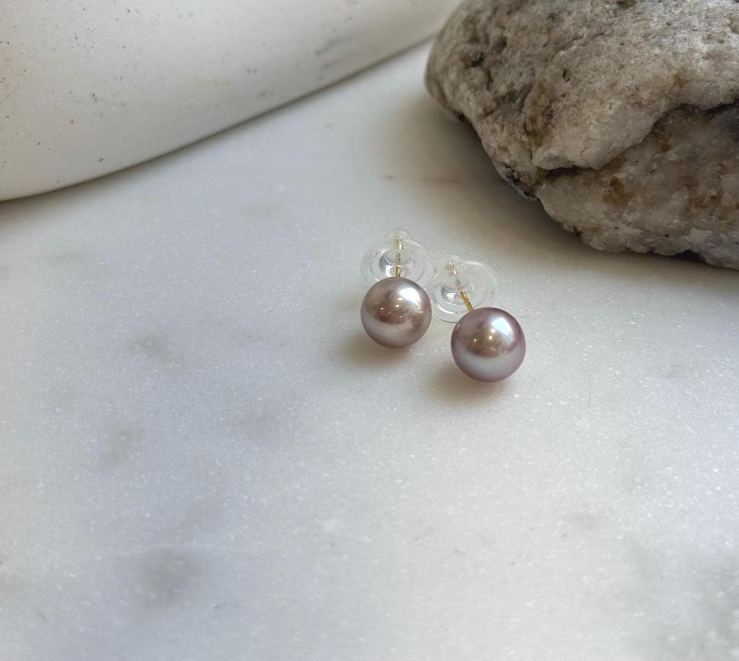 Elly’s 9mm Edison Pearls Earrings: Extreme luster Mirrored, Metallic pink rose color, S925 silver cool minimalist earrings studs. daily pearls earrings