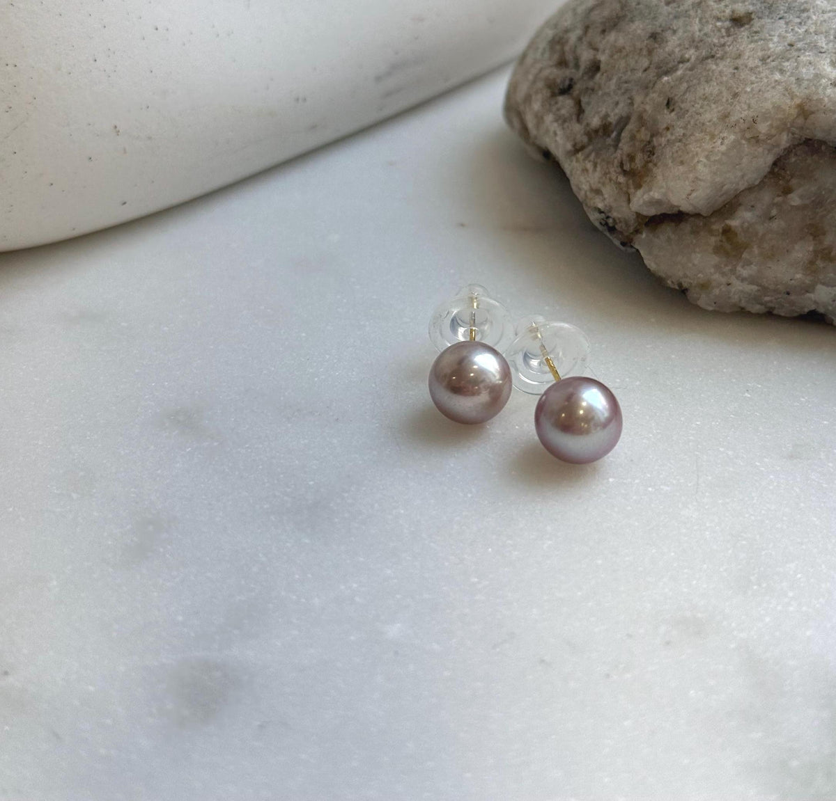 Elly’s 9mm Edison Pearls Earrings: Extreme luster Mirrored, Metallic pink rose color, S925 silver cool minimalist earrings studs.