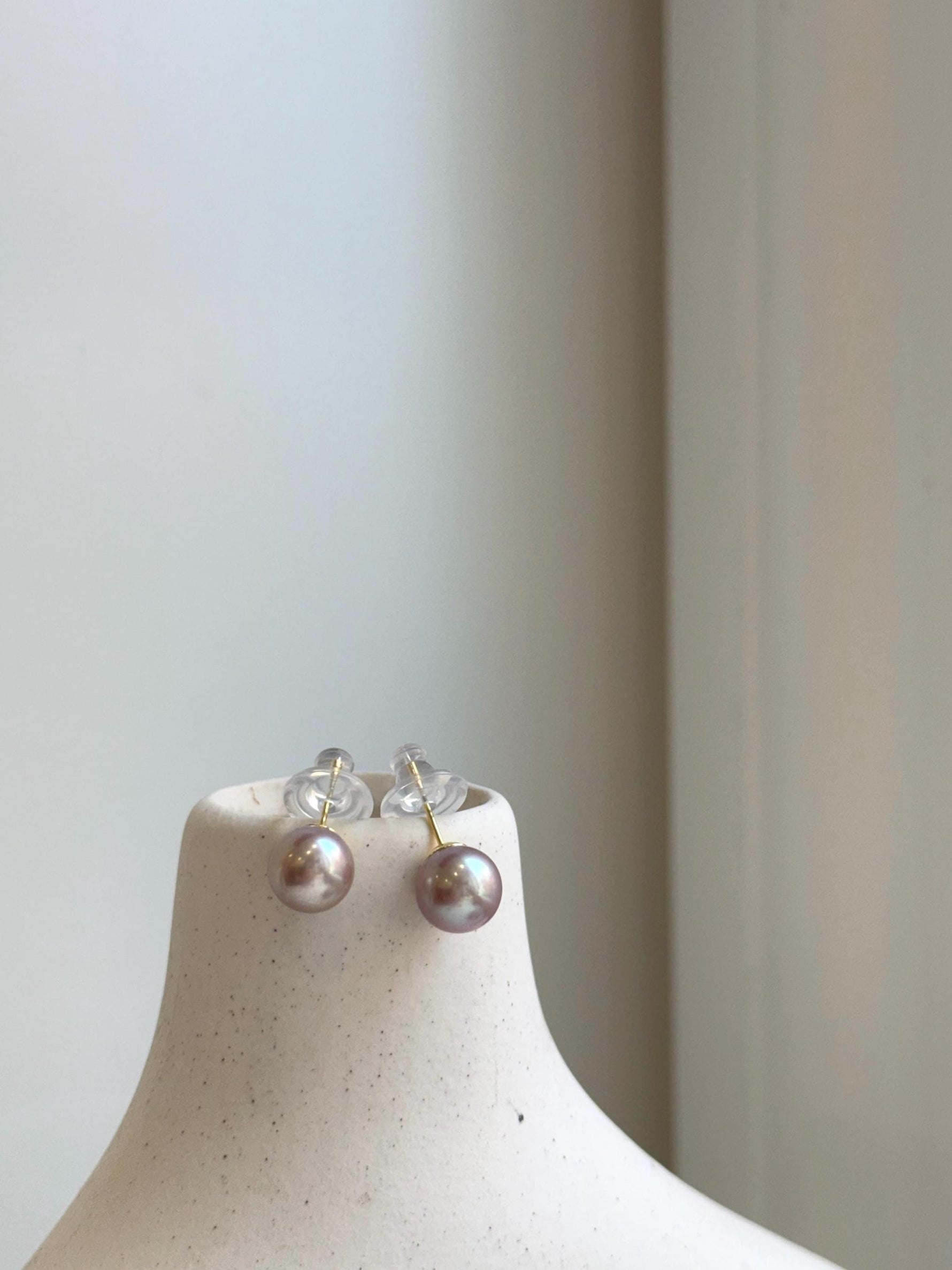 Elly’s 9mm Edison Pearls Earrings: Extreme luster Mirrored, Metallic pink rose color, S925 silver cool minimalist earrings studs.