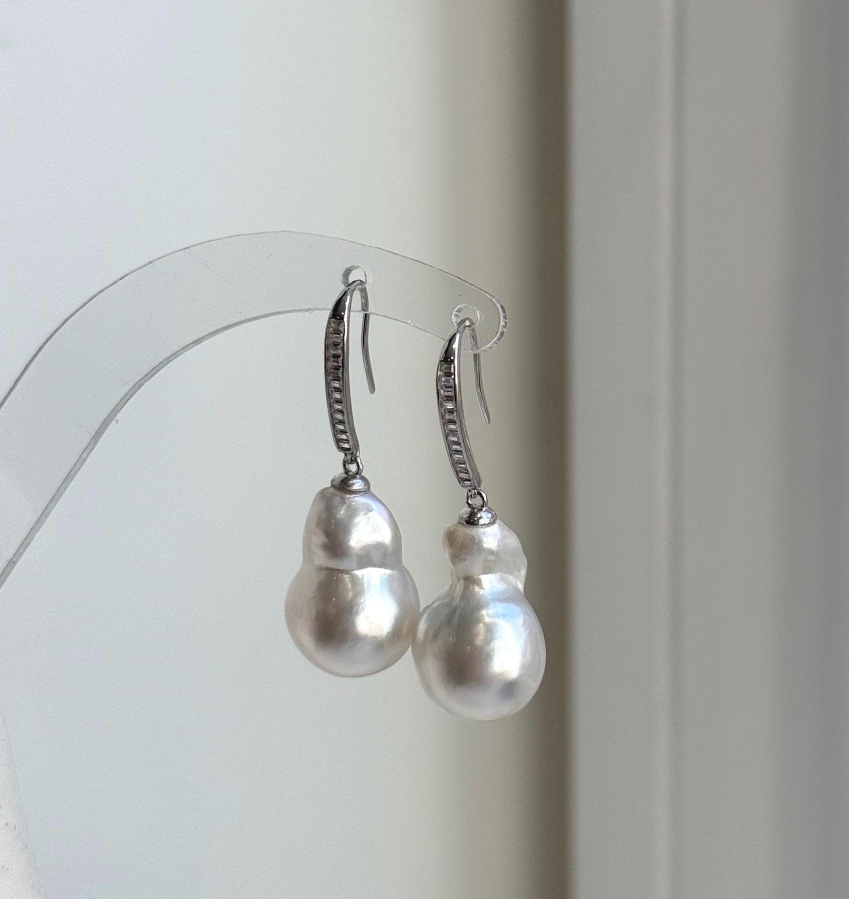 Elly’s Australian ocean white  Pearls dazzling earrings hooks: Extreme luster mirrored, To 18.8mm, s925 silver earrings. gift for her