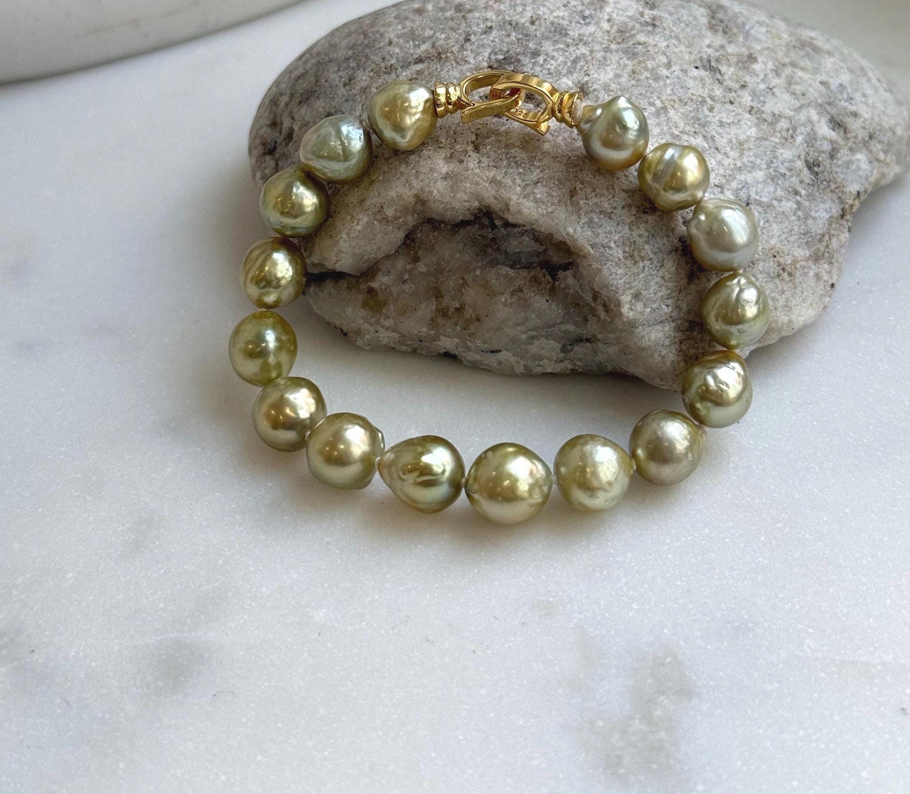 Elly’s 16pcs 8.9-10.2mm Genius south sea Tea Golden ocean Pearls Bracelet: Extreme luster mirrored, 7.7”, S925 silver bracelet. gift for her wedding