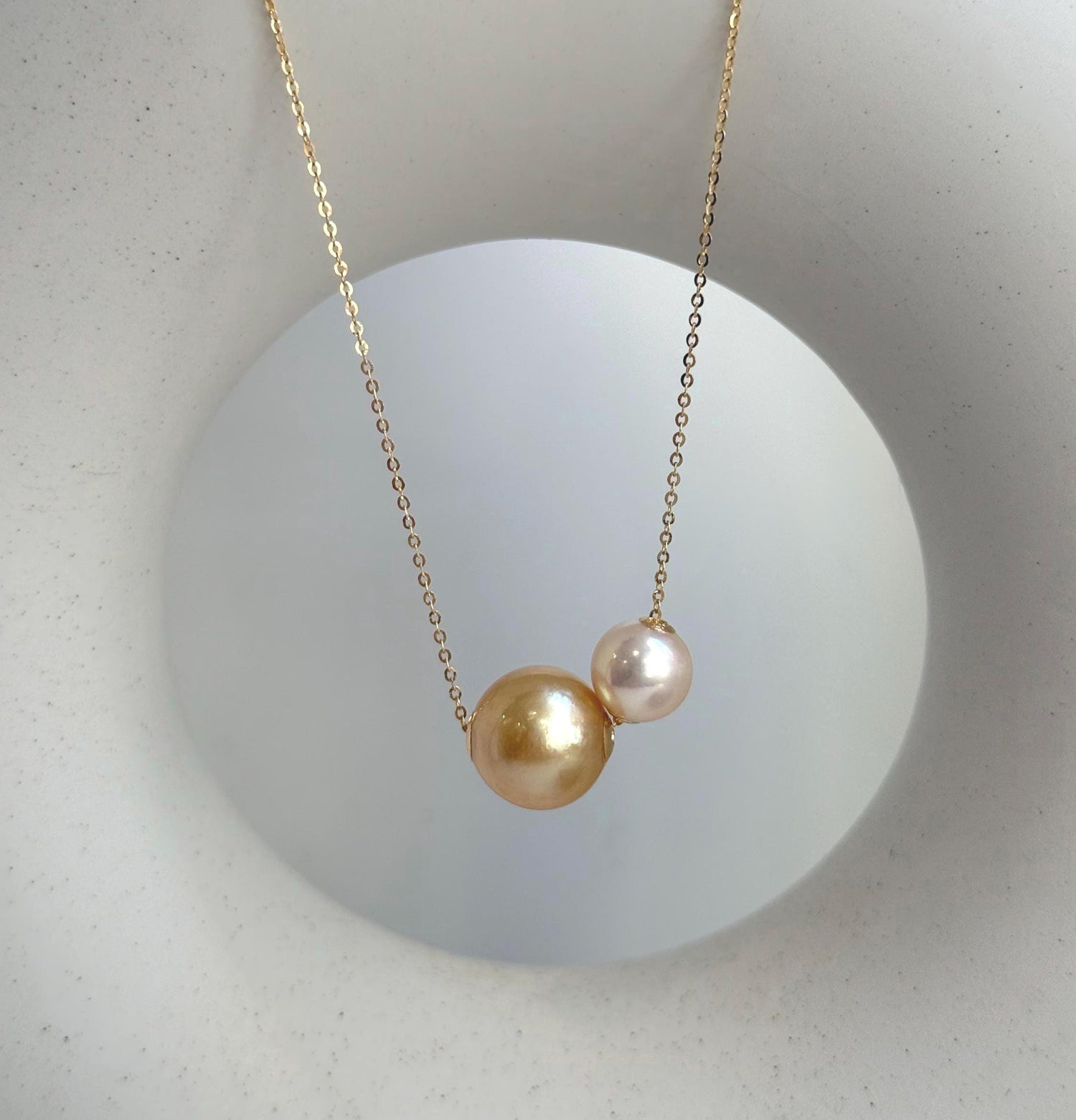 Elly’s Double Au750 18k Gold 13mm 9.3mm South Sea deep golden Akoya Ocean Pearl Floating pendant:Extreme luster mirrored, S925 silver chain. gift for her birthday