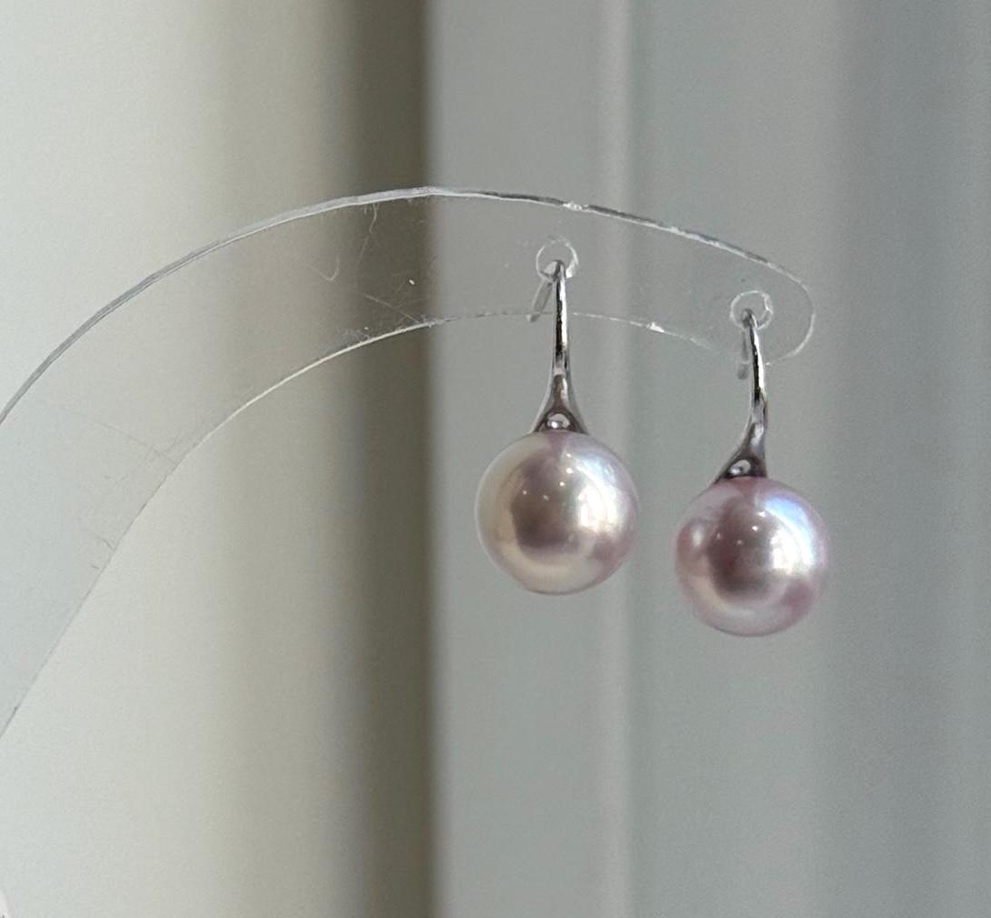 Elly’s 9.1mm Edison metallic pink Pearls High heel Earrings Hooks: Extreme luster Mirrored, 1.8cm high, S925 silver earrings. gift for her