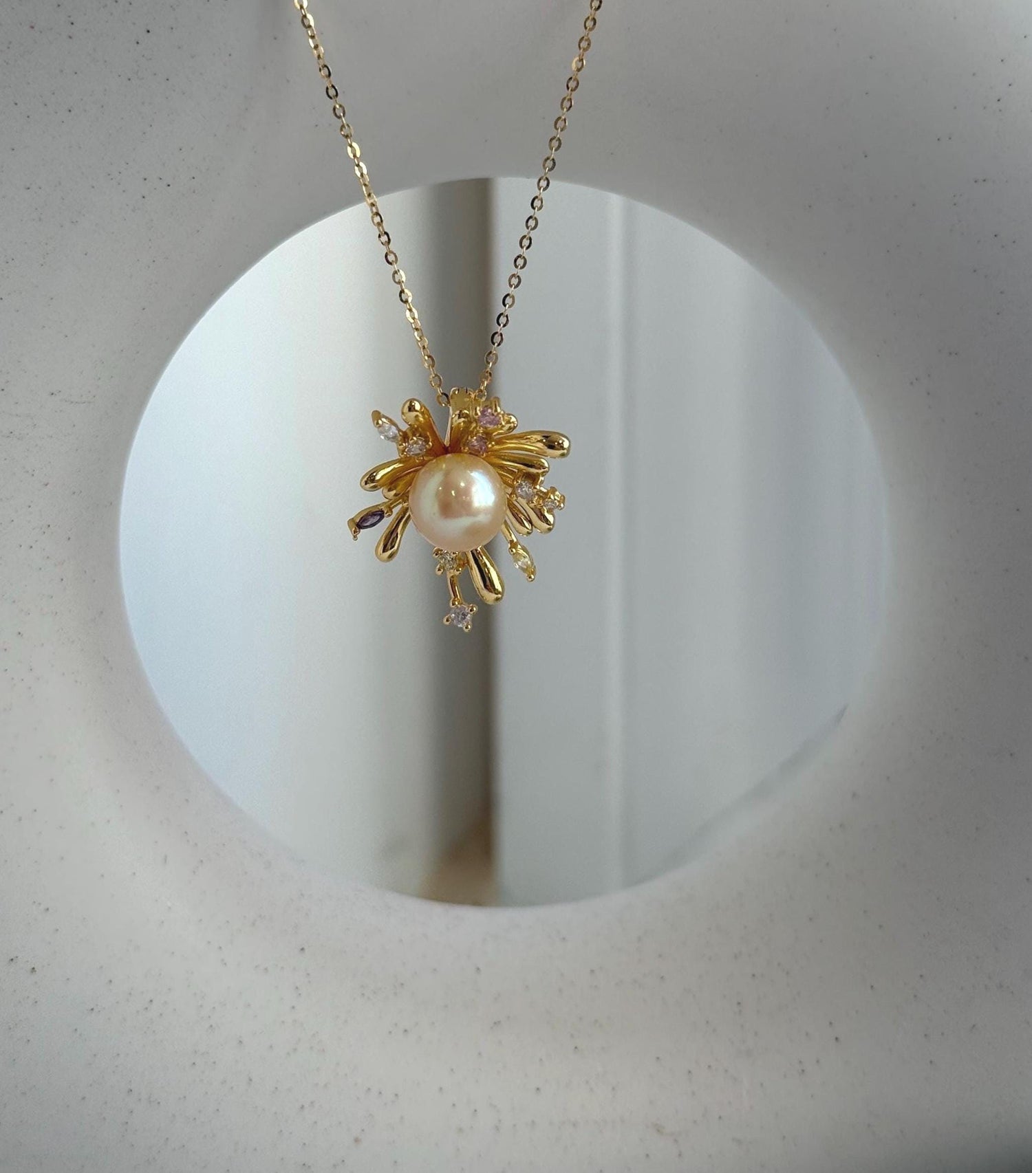 Elly’s 8.8mm South sea gold iridescent Pearl Fireworks Pendant: Extreme luster mirrored, 2.3cm high, S925 silver Pendant with silver chain.gift for her birthday