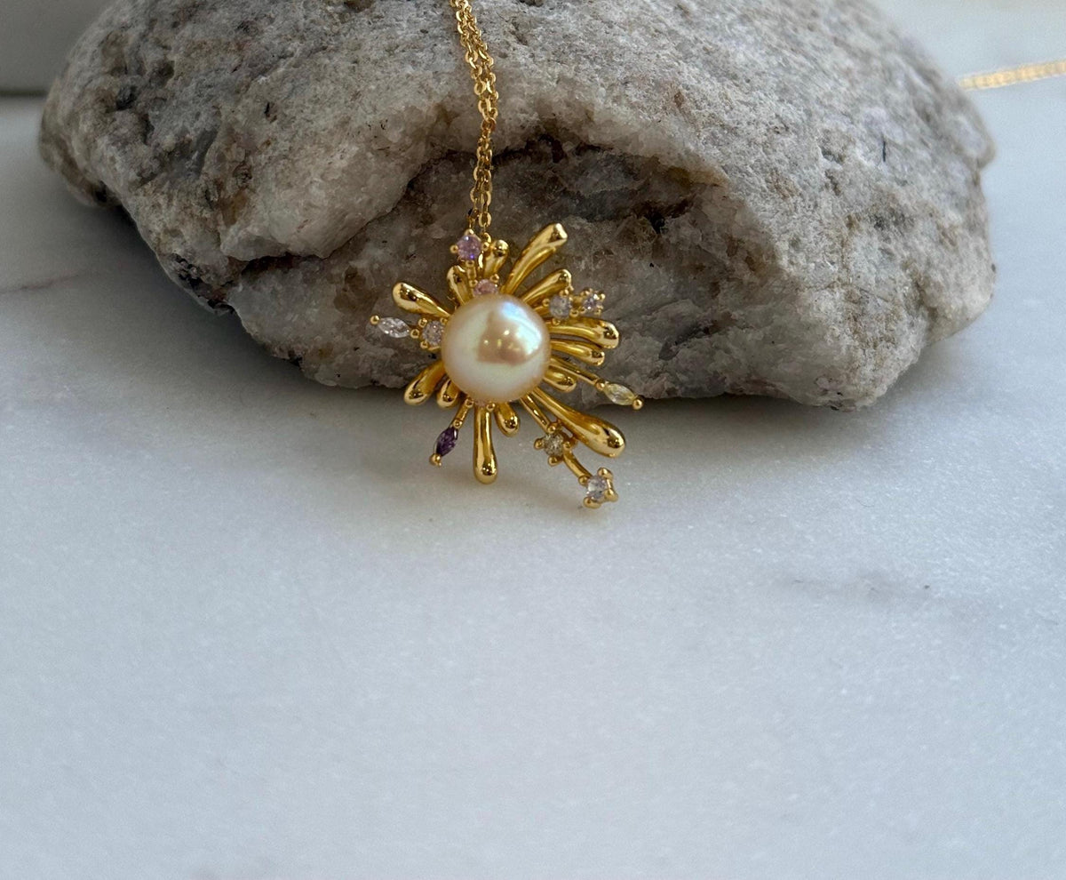 Elly’s 8.8mm South sea gold iridescent Pearl Fireworks Pendant: Extreme luster mirrored, 2.3cm high, S925 silver Pendant with silver chain.