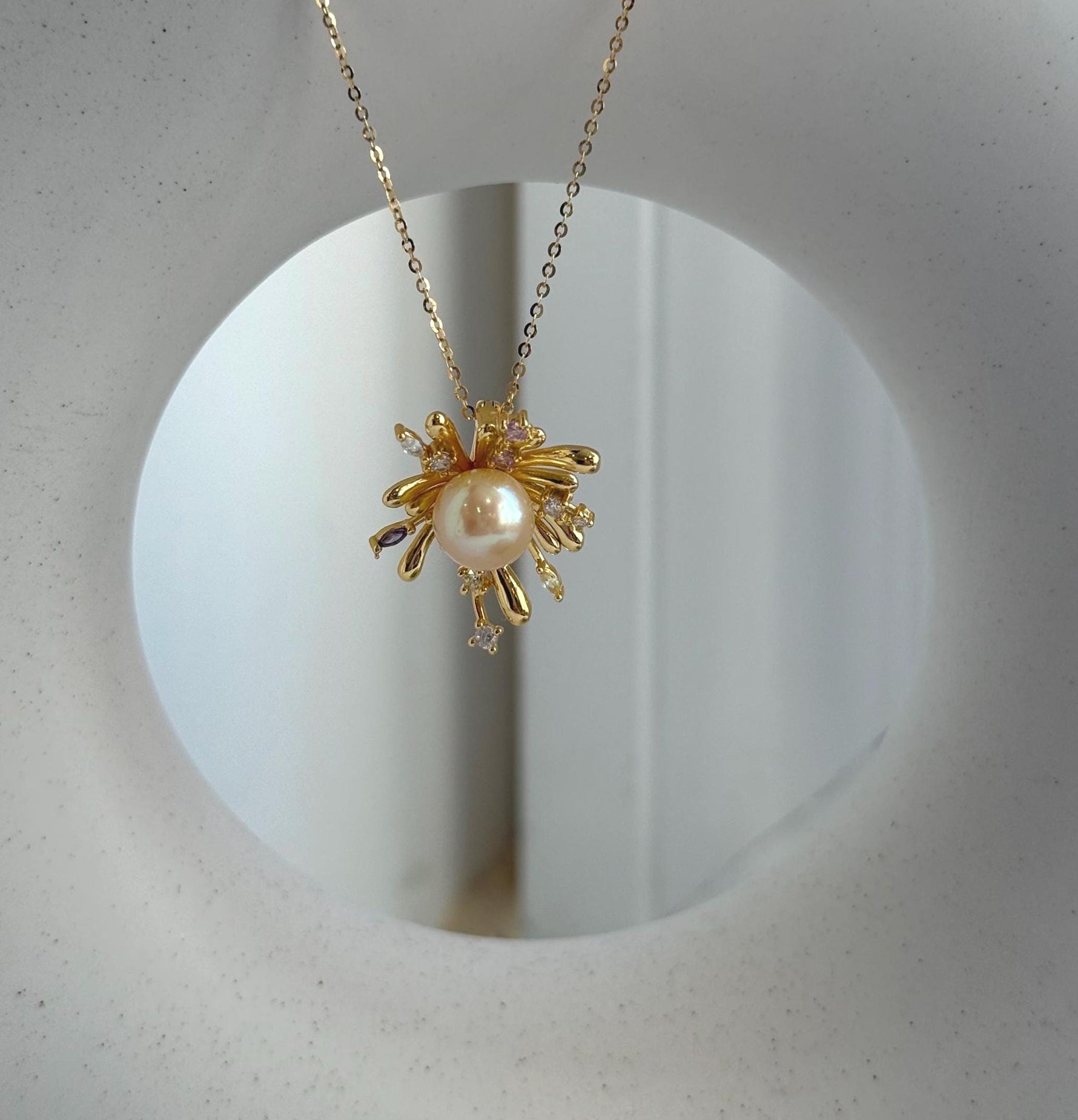 Elly’s 8.8mm South sea gold iridescent Pearl Fireworks Pendant: Extreme luster mirrored, 2.3cm high, S925 silver Pendant with silver chain.