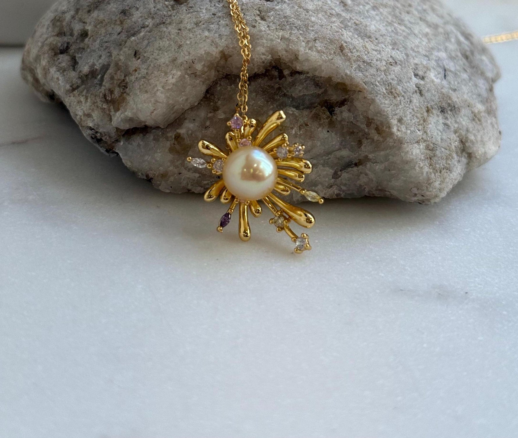 Elly’s 8.8mm South sea gold iridescent Pearl Fireworks Pendant: Extreme luster mirrored, 2.3cm high, S925 silver Pendant with silver chain.