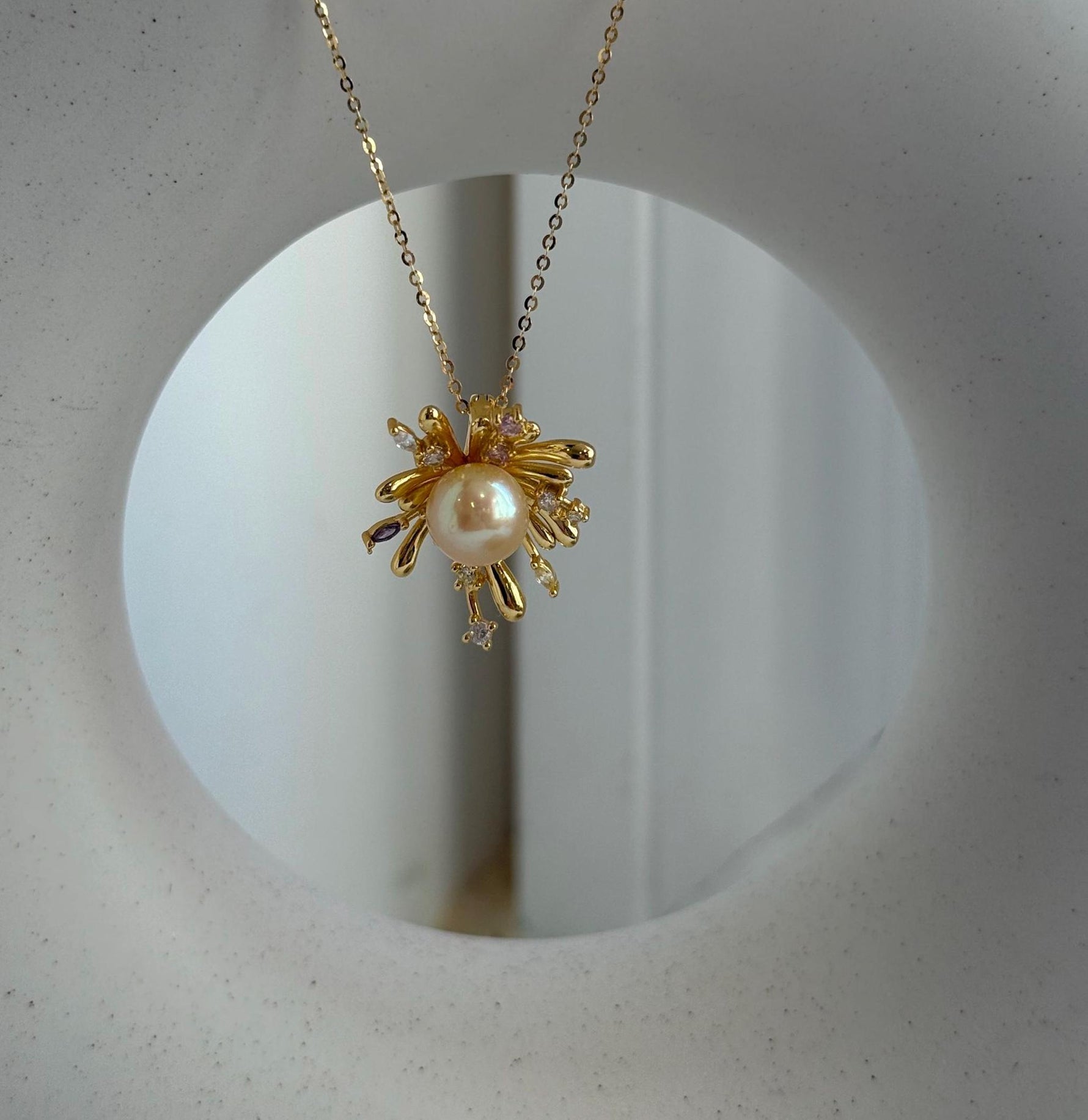 Elly’s 8.8mm South sea gold iridescent Pearl Fireworks Pendant: Extreme luster mirrored, 2.3cm high, S925 silver Pendant with silver chain.