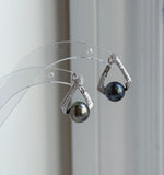 Elly’s 9.2mm Tahitian Peacock hunter ocean Pearls Cool Earrings Hoops: Extreme luster Mirrored, 2.1cm high, S925 silver earrings. gift for her