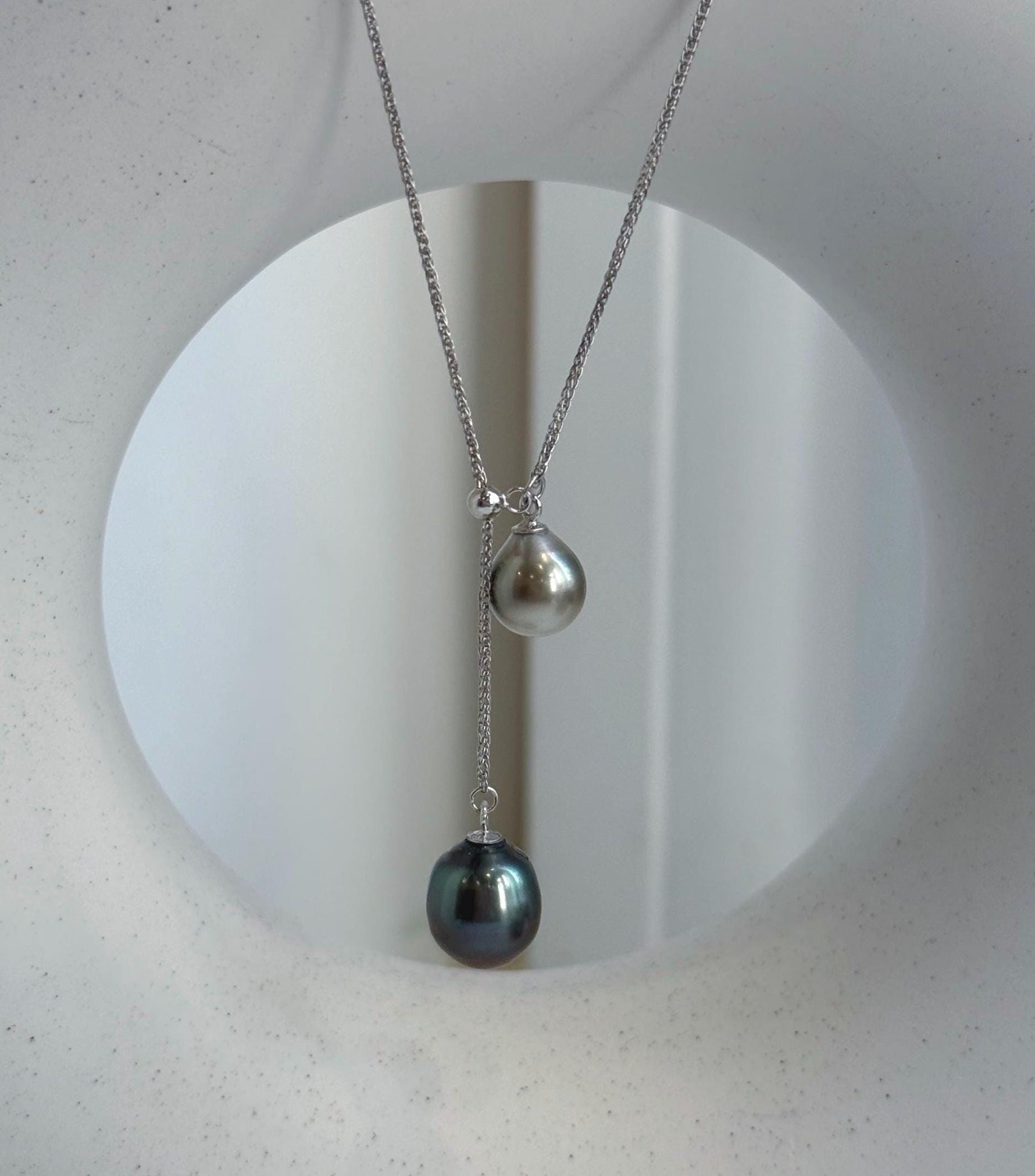 Elly’s Double 8.6-10mm Silver peacock blue Tahitian Pearls pendant chain set: Extreme luster mirrored, S925 silver chain set. gift for her