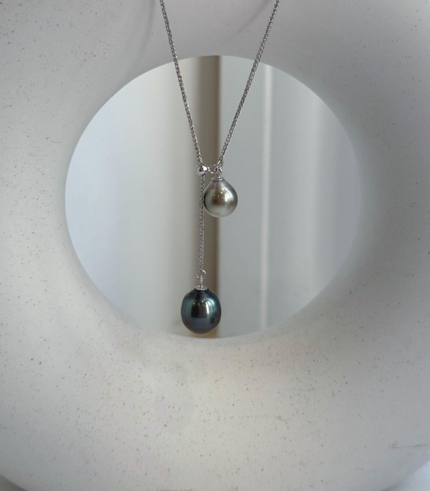 Elly’s Double 8.6-10mm Silver peacock blue Tahitian Pearls pendant chain set: Extreme luster mirrored, S925 silver chain set. gift for her party