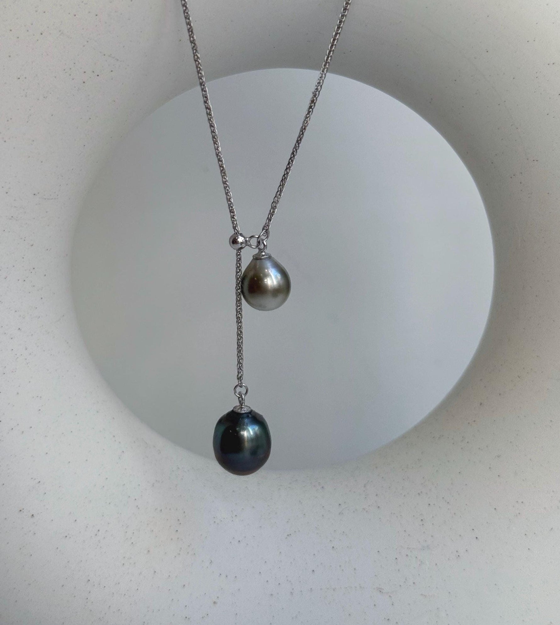 Elly’s Double 8.6-10mm Silver peacock blue Tahitian Pearls pendant chain set: Extreme luster mirrored, S925 silver chain set. gift for her