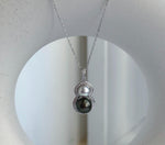 Elly’s Double blue silver Akoya Black platinum Tahitian pearls Pendant: 6.3-8.3mm, 2.5cm high, Extreme luster, S925 Silver gourd pendant.