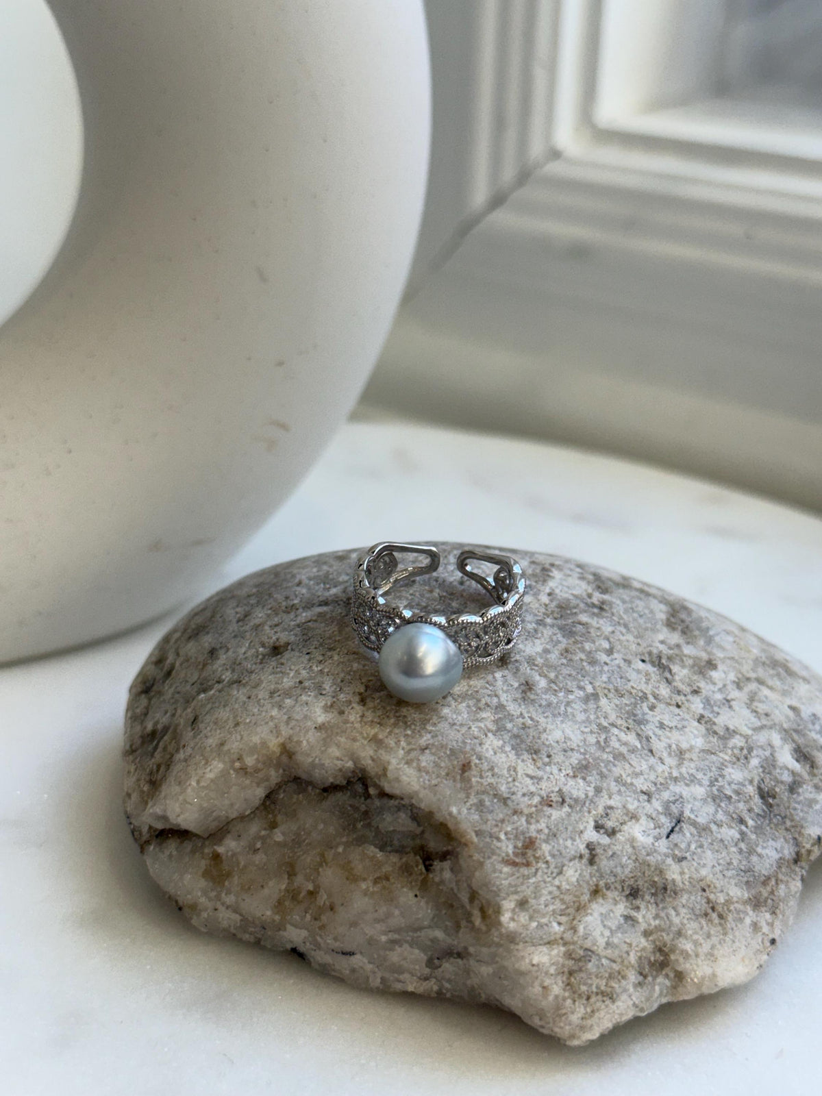 Elly’s 9.1x9.5mm Blue silver Australian Ocean White pearl Ring: Extreme luster mirrored, S925 Silver Adjustable Lace Ring.