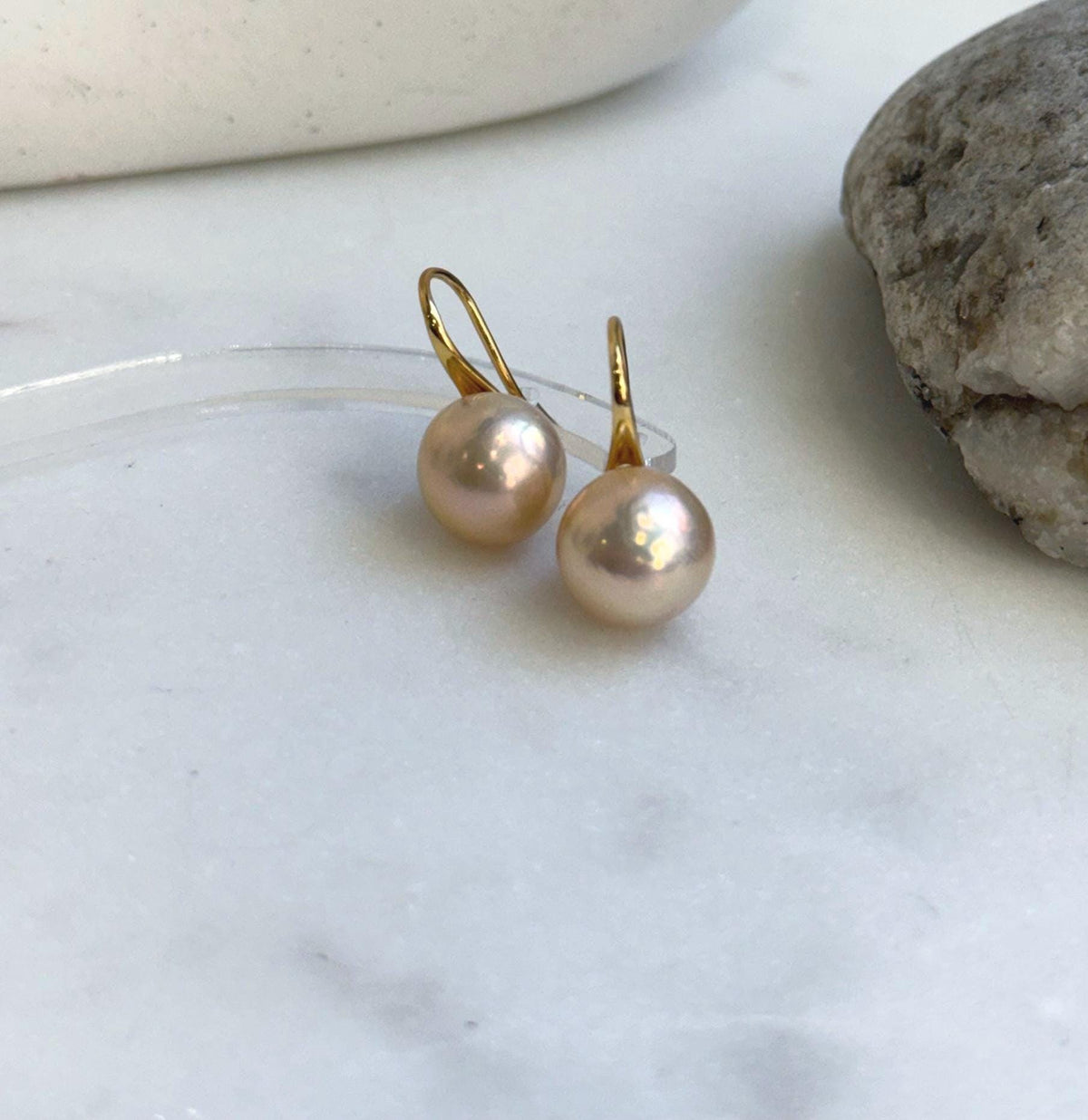 Elly’s 11mm Edison peach gold Pearls High-heel Earrings hooks: Extreme luster Mirrored, 2.2cm high, S925 silver Classic earrings hooks. gift for her anniversary