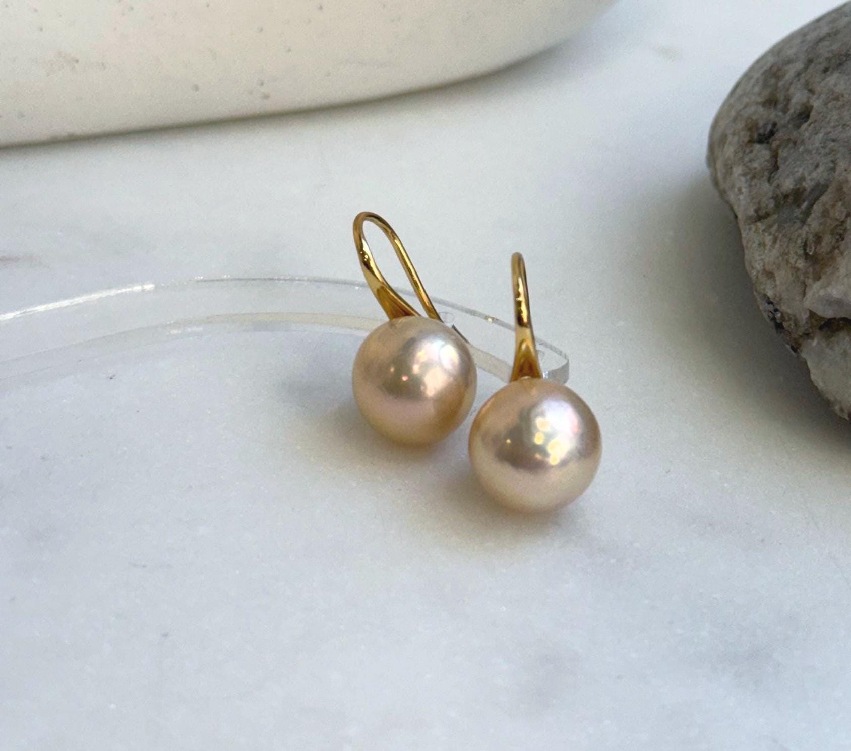 Elly’s 11mm Edison peach gold Pearls High-heel Earrings hooks: Extreme luster Mirrored, 2.2cm high, S925 silver Classic earrings hooks. gift for her