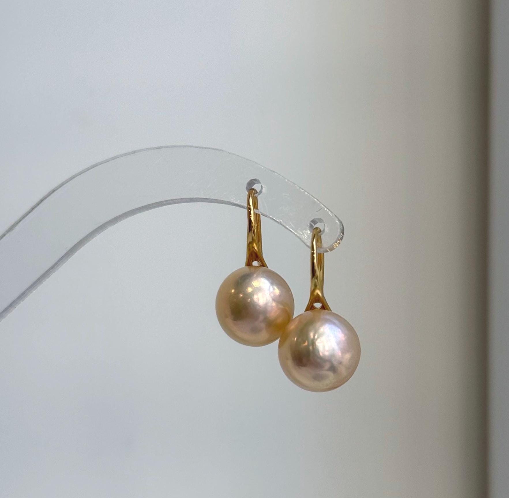 Elly’s 11mm Edison peach gold Pearls High-heel Earrings hooks: Extreme luster Mirrored, 2.2cm high, S925 silver Classic earrings hooks. gift for her