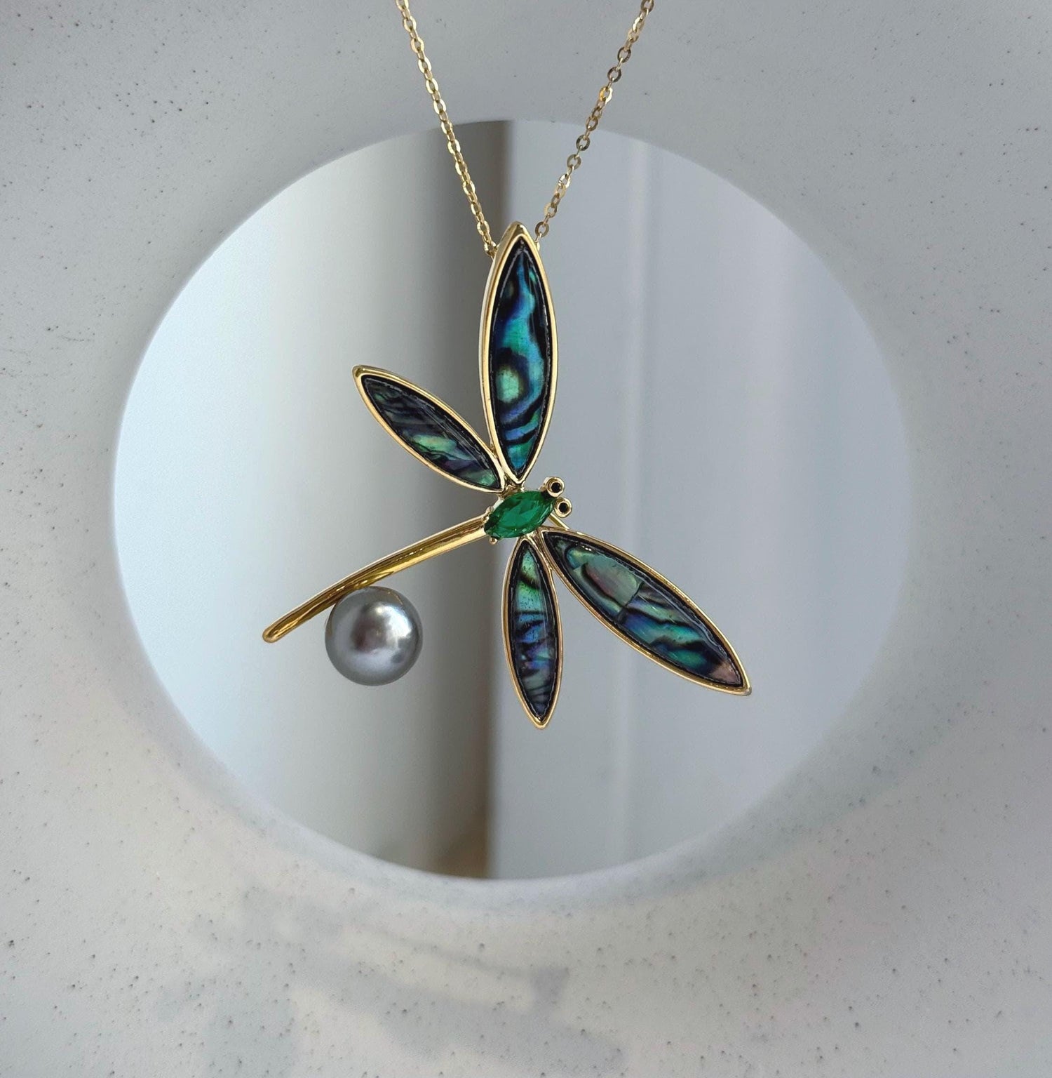 Elly’s 8.5mm Tahitian platinum Ocean Dragonfly Brooch Pendant 2in1: Extreme Luster mirrored, 4.5x4cm, S925 silver chain not included. gift for her