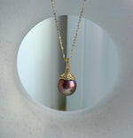 Elly’s Insale 13.3mm metallic rose gold Edison Pearl pendant: Extreme luster mirrored, S925 silver minimalist pendant chain set.