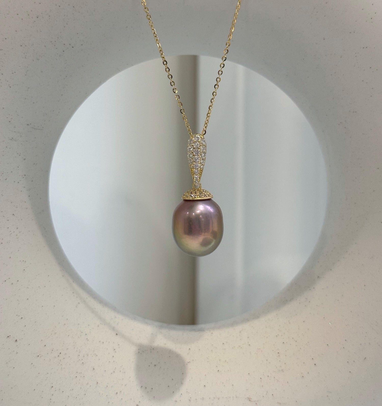 Elly’s Insale 13mm metallic rose gold Edison Pearl pendant: Extreme luster mirrored, S925 silver minimalist pendant chain set.