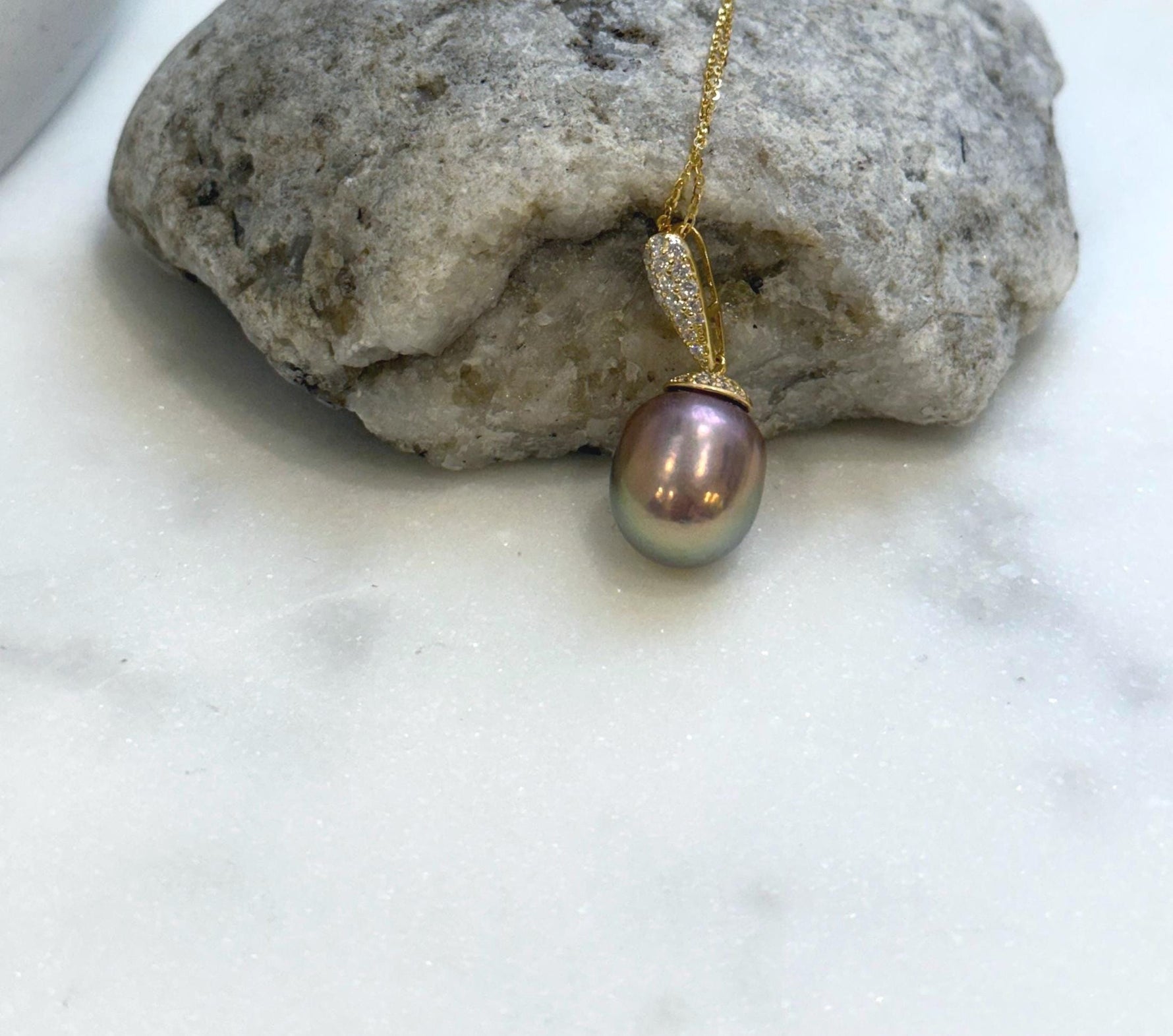 Elly’s Insale 13mm metallic rose gold Edison Pearl pendant: Extreme luster mirrored, S925 silver minimalist pendant chain set.