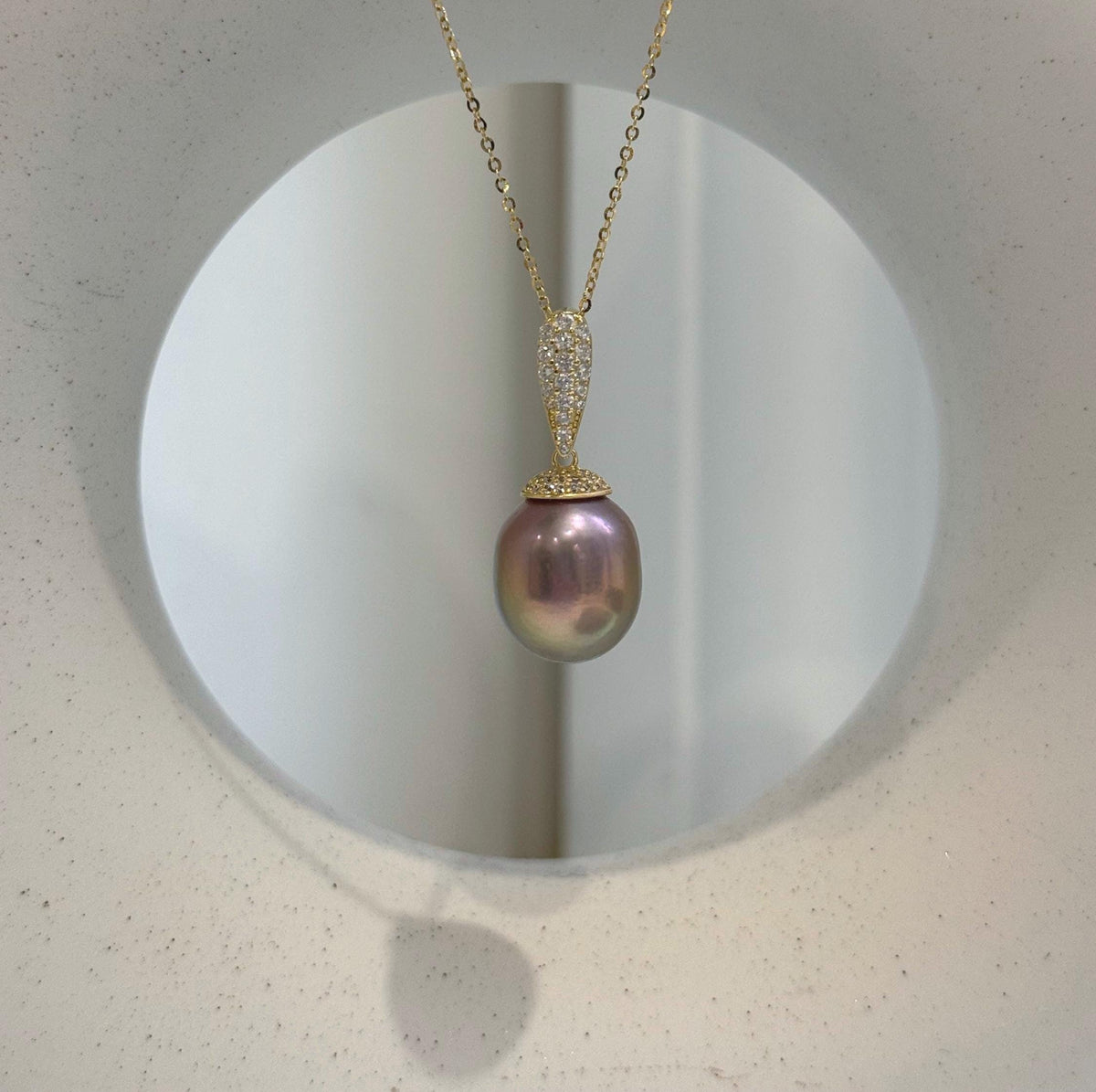 Elly’s Insale 13mm metallic rose gold Edison Pearl pendant: Extreme luster mirrored, S925 silver minimalist pendant chain set. daily pearl pendant