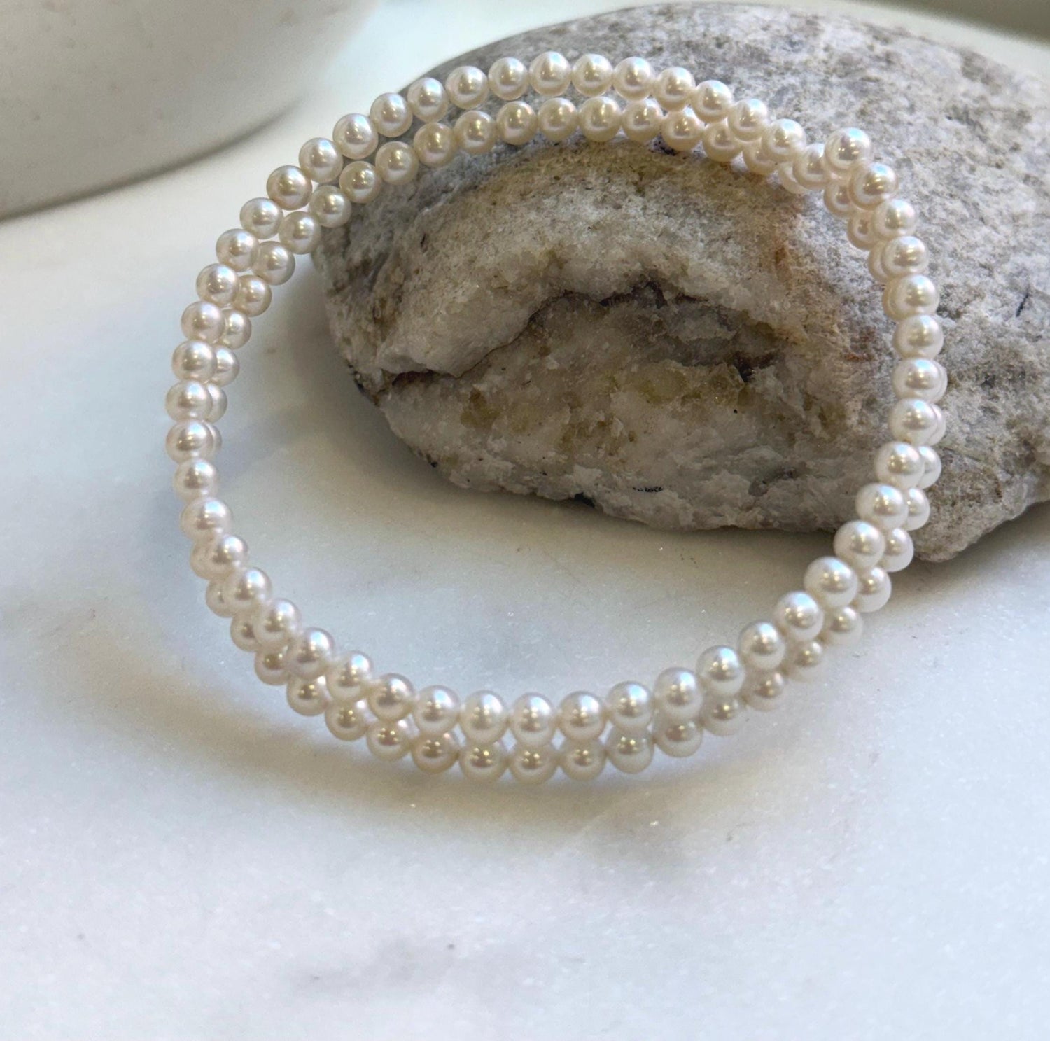 Hui Elly’s Double layers Bracelet 4.2-4.4mm white small pearls:   extremely luster mirrored, 6.5cm dia.