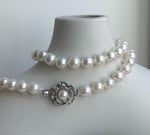 Elly’s 7.1-7.5mm 58pcs Akoya off white ocean pearls necklace:Extreme luster mirrored, knotted, 18.3”, S925 silver necklace strand.