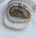 Elly’s 7.1-7.5mm 58pcs Akoya off white ocean pearls necklace:Extreme luster mirrored, knotted, 18.3”, S925 silver necklace strand. gift for her birthday