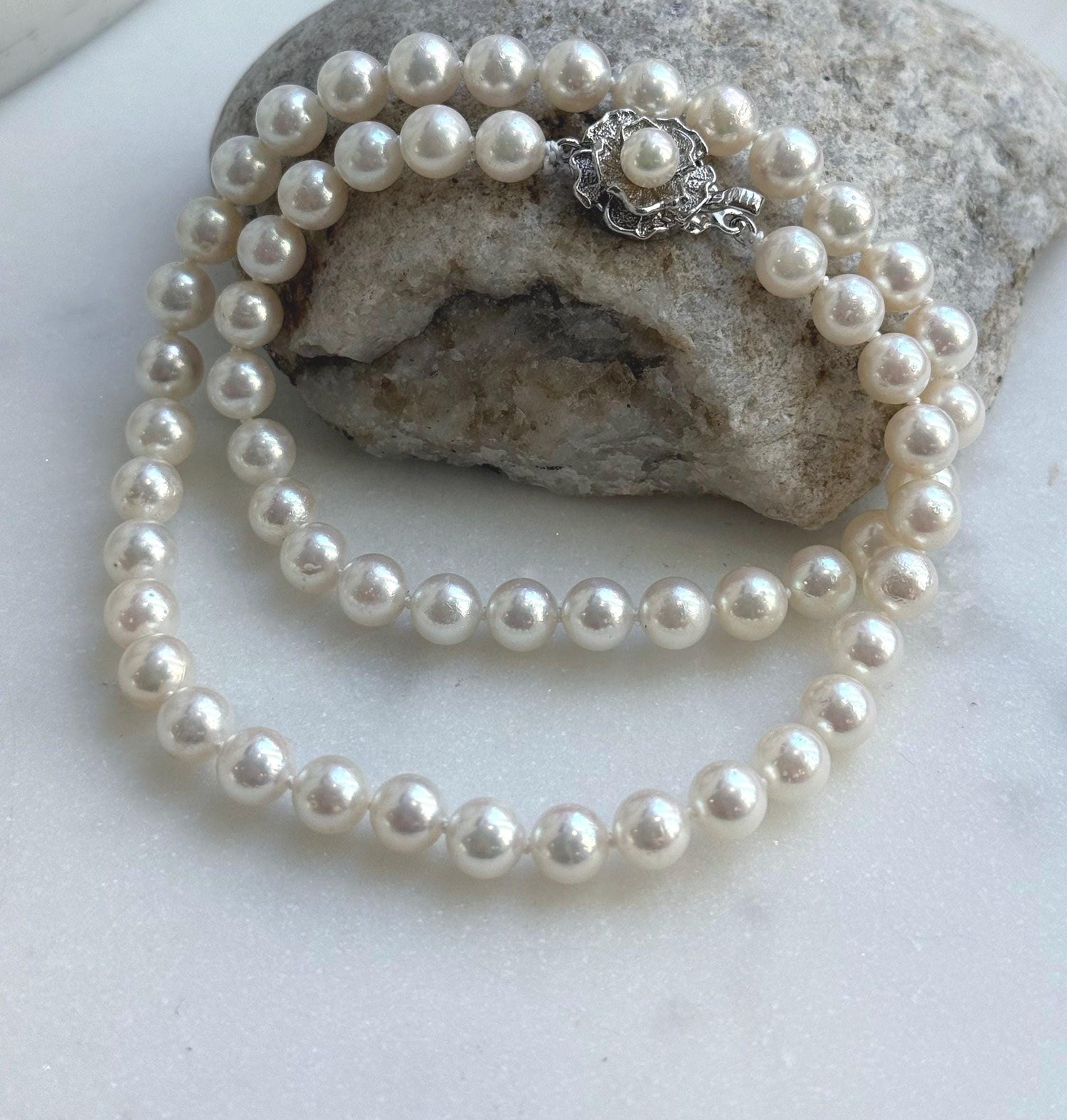 Elly’s 7.1-7.5mm 58pcs Akoya off white ocean pearls necklace:Extreme luster mirrored, knotted, 18.3”, S925 silver necklace strand. gift for her birthday